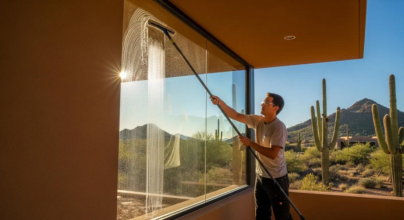 Person cleaning a window in sunny Arizona, highlighting effective window cleaning techniques