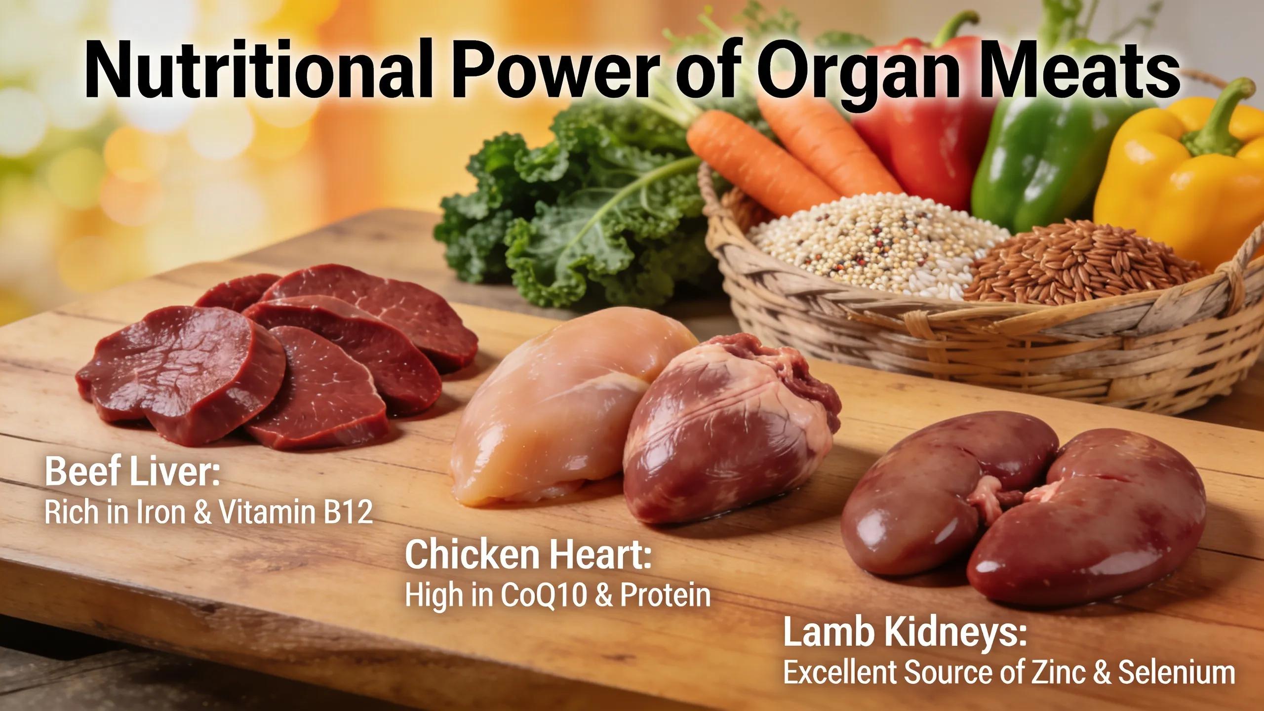 Organ meats displayed with surrounding vegetables, emphasizing their nutritional benefits
