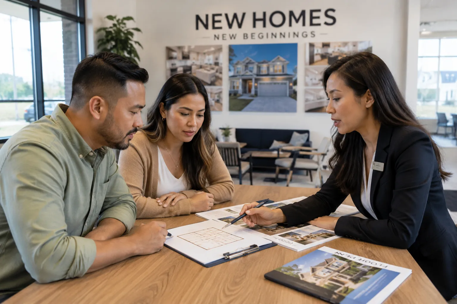 A buyer and real estate agent reviewing a builder contract at a new construction sales office, showing printed documents spread on a table in a professional setting A buyer and real estate agent reviewing a builder contract at a new construction sales office, showing printed documents spread on a table in a professional setting