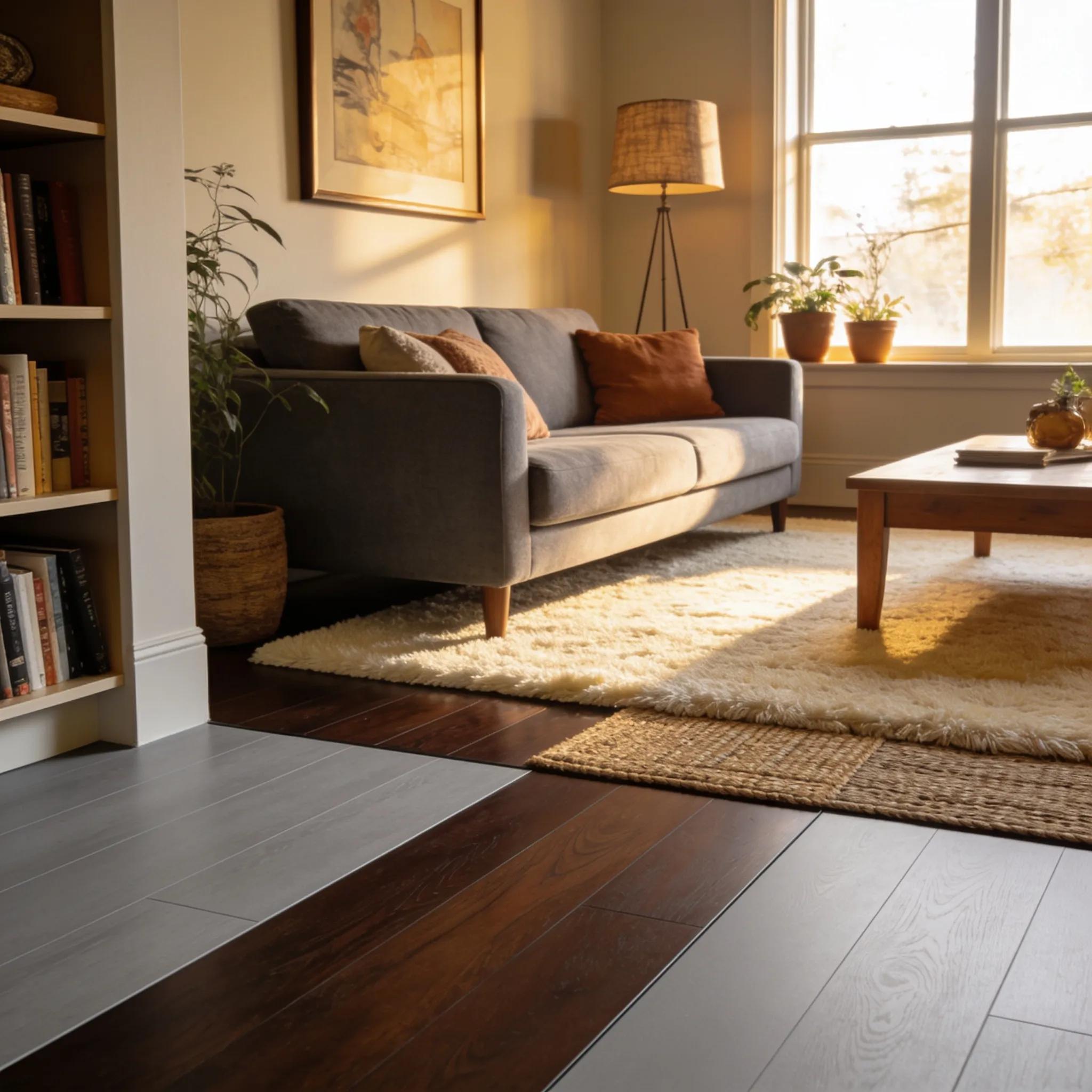 Cozy living room with mixed flooring types for comfort and style
