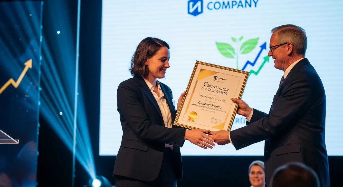 Professional receiving a certification of achievement during a formal event, highlighting change management success.