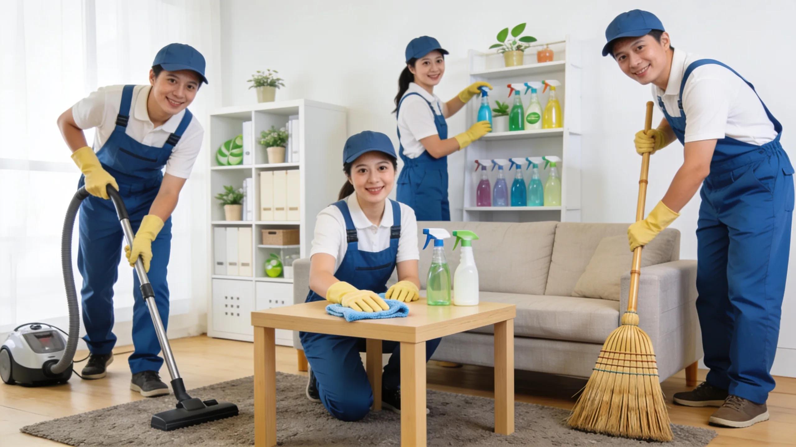 Cleaning team using eco-friendly products in a home environment