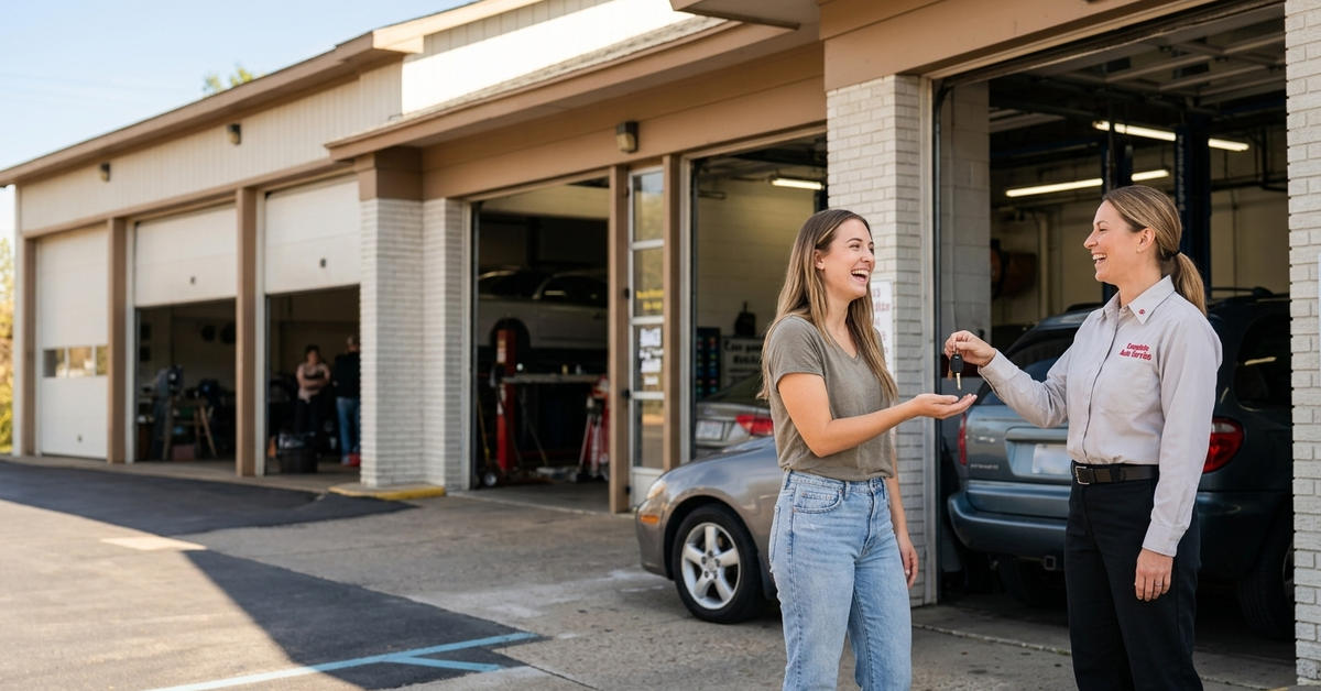Woman receiving car keys from a service representative outside an auto shop