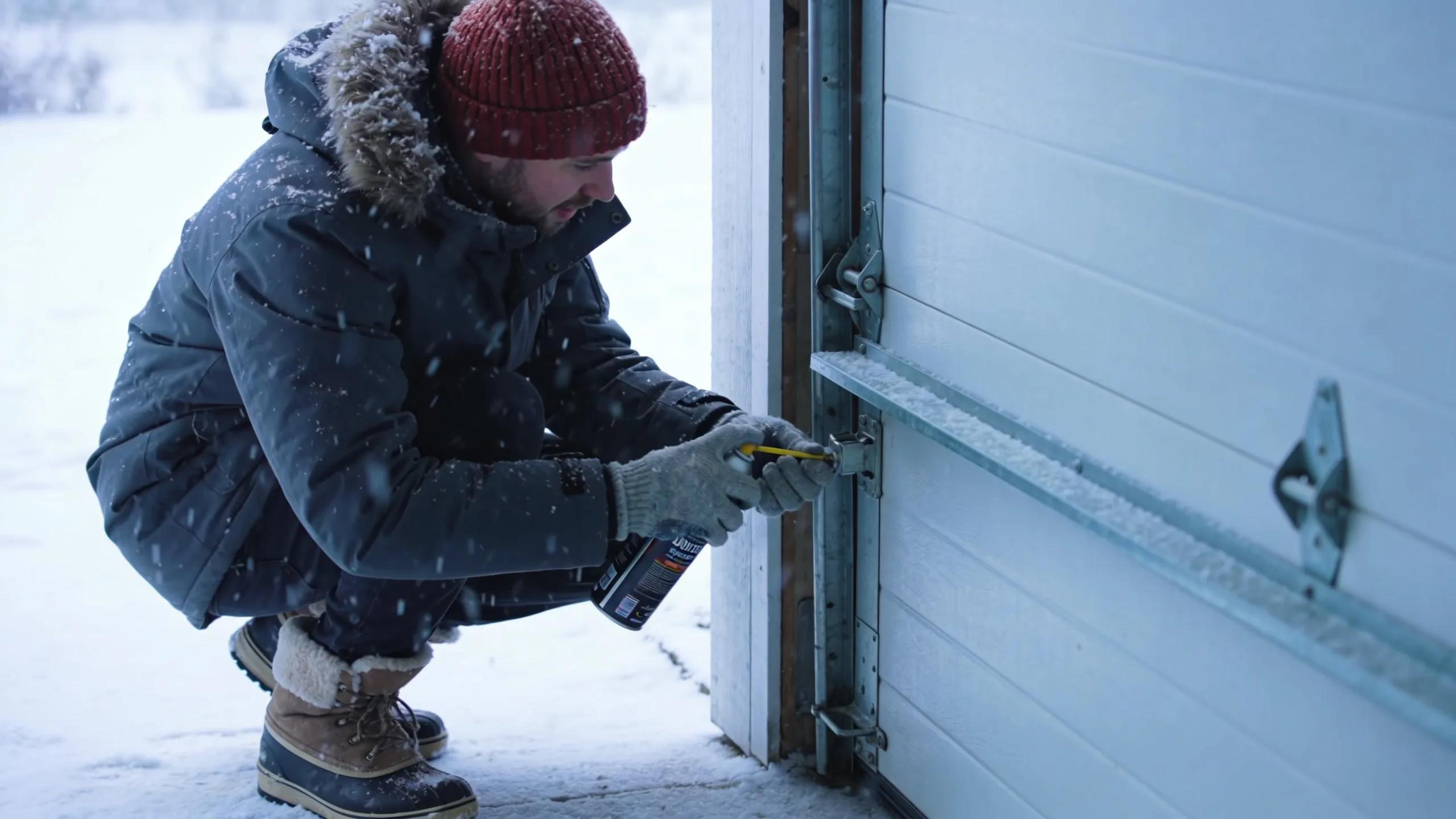 Homeowner performing winter maintenance on garage door in snowy environment
