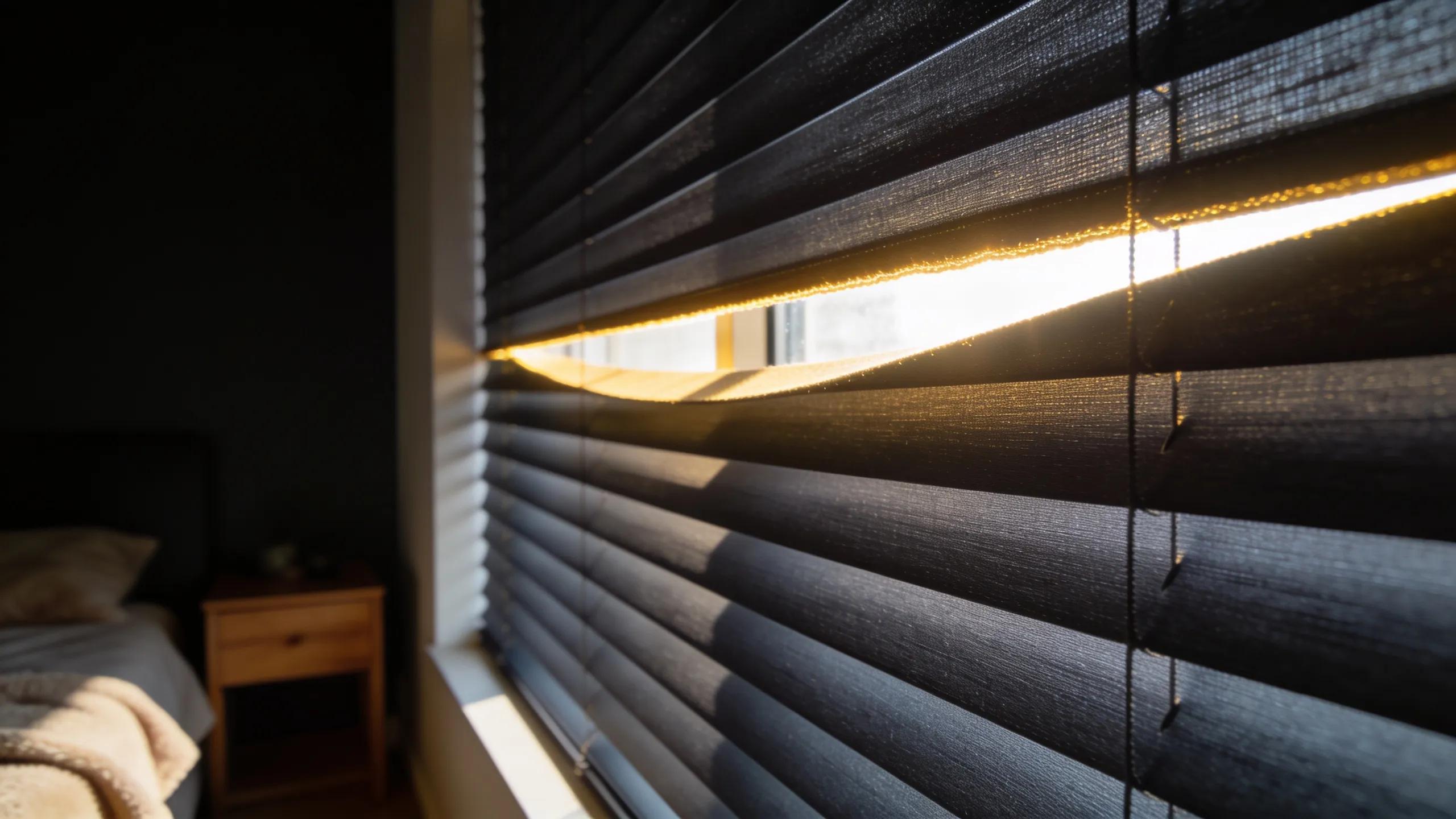 Close-up of blackout blinds blocking light, highlighting their effectiveness and modern design
