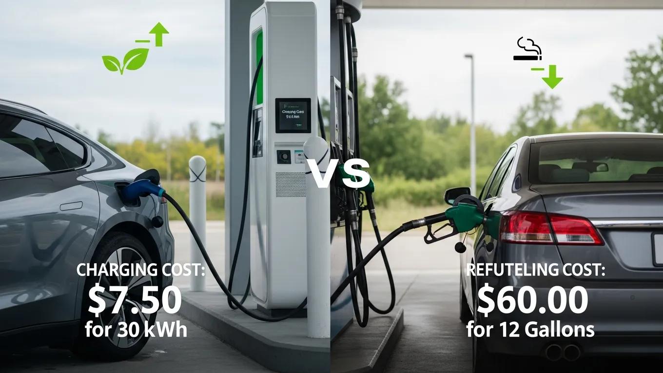 Comparison of an electric vehicle charging and a gasoline vehicle refueling, illustrating cost differences