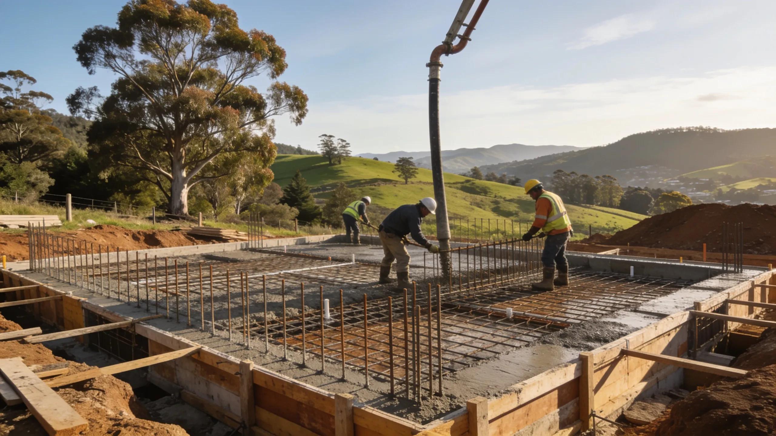 Underpinning construction site in Hobart with workers reinforcing foundations in a Tasmanian landscape