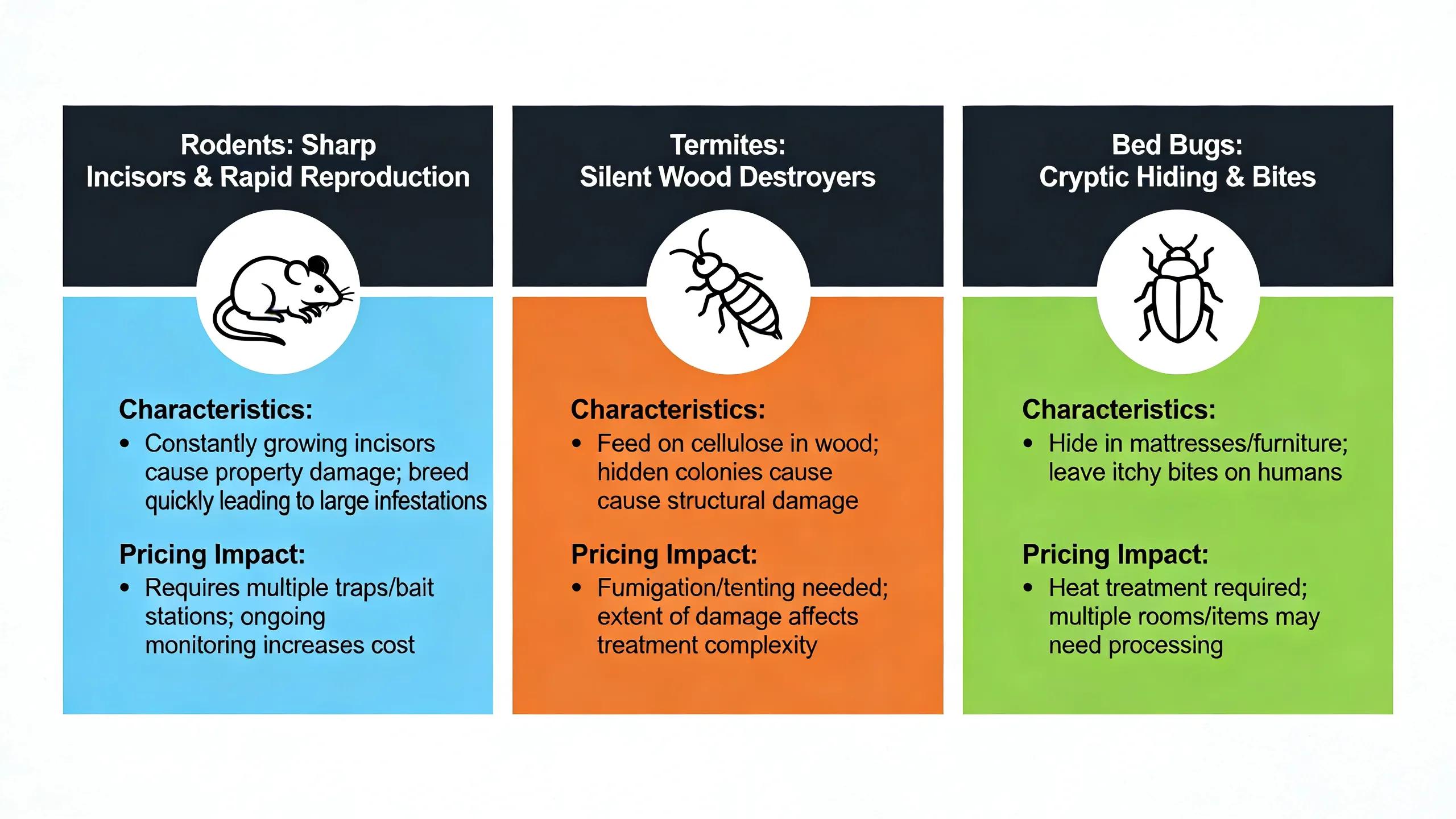 Common pests including rodents, termites, and bed bugs, illustrating their unique characteristics and impact on pest control pricing