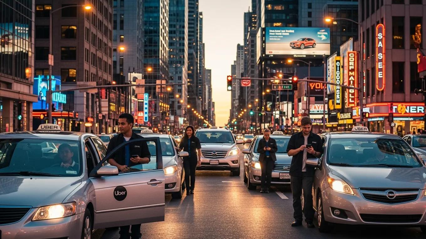 Diverse Uber drivers with rental cars in a city setting, highlighting flexible rideshare options