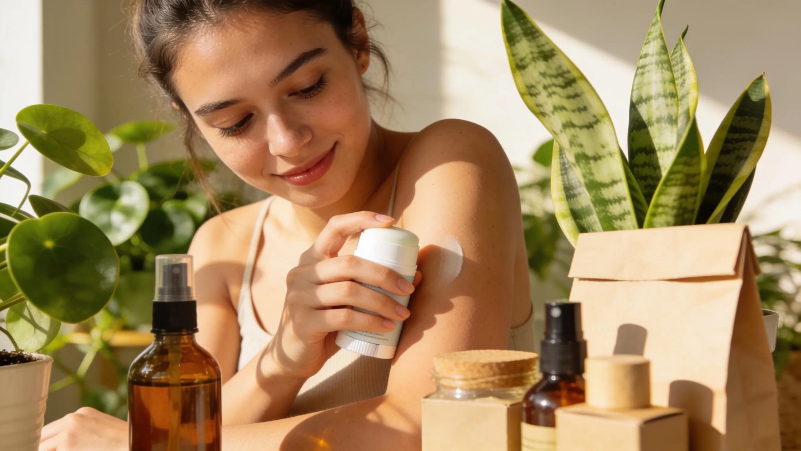 Young woman using aluminum-free deodorant to highlight benefits for sensitive skin