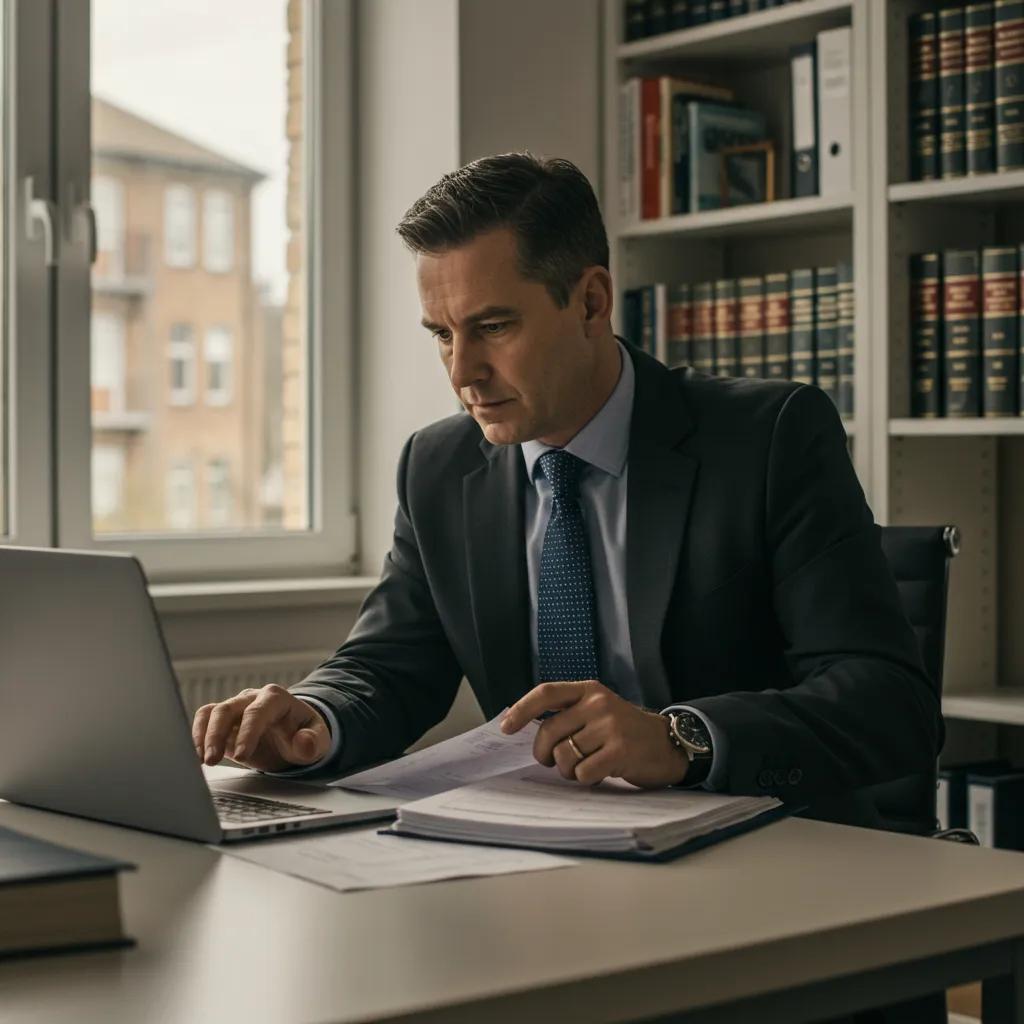 Private investigator in Chelmsford reviewing documents and using a laptop in a modern office