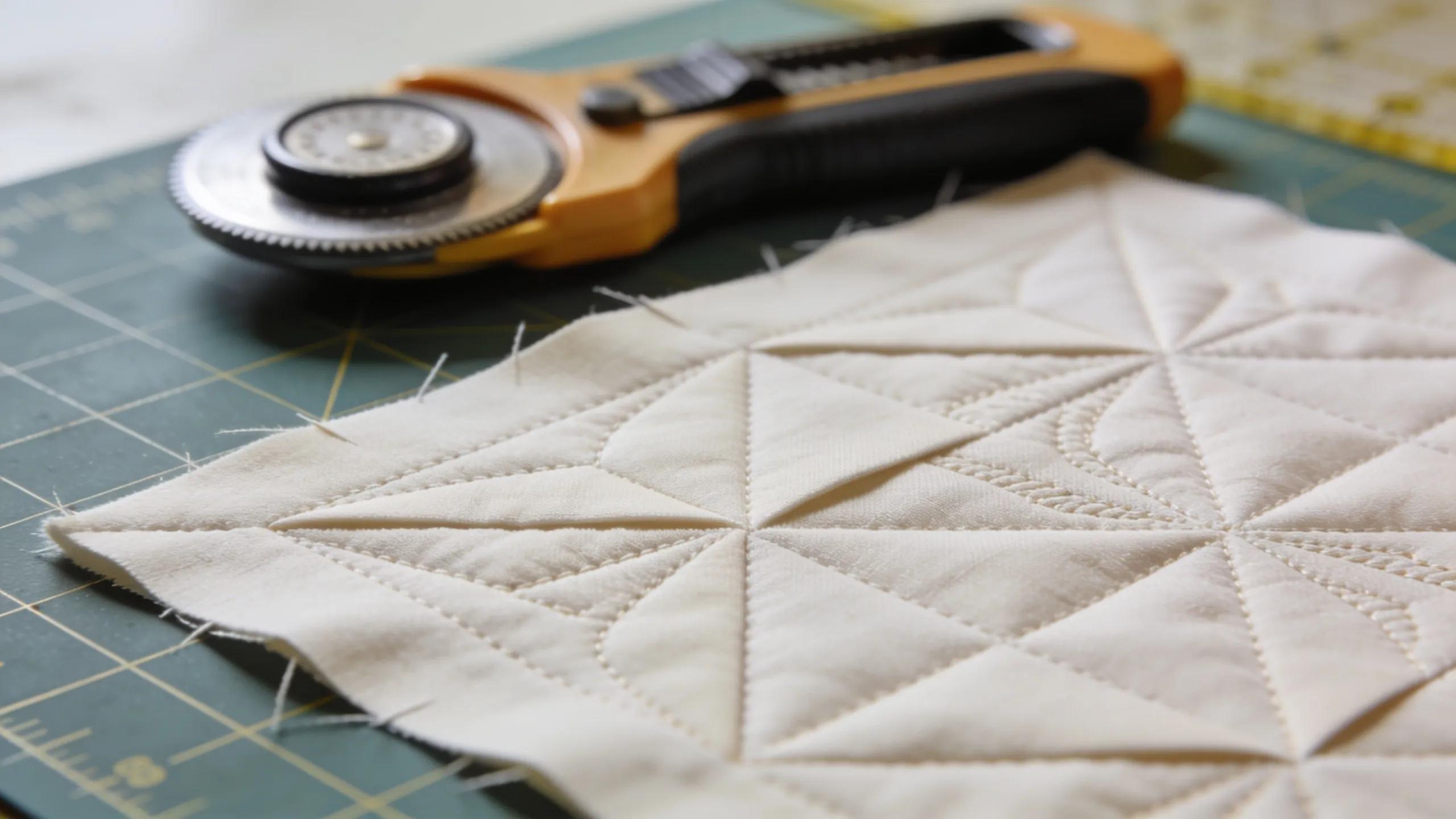 Close-up of a trimmed quilt piece with aligned motifs demonstrating precise trimming techniques
