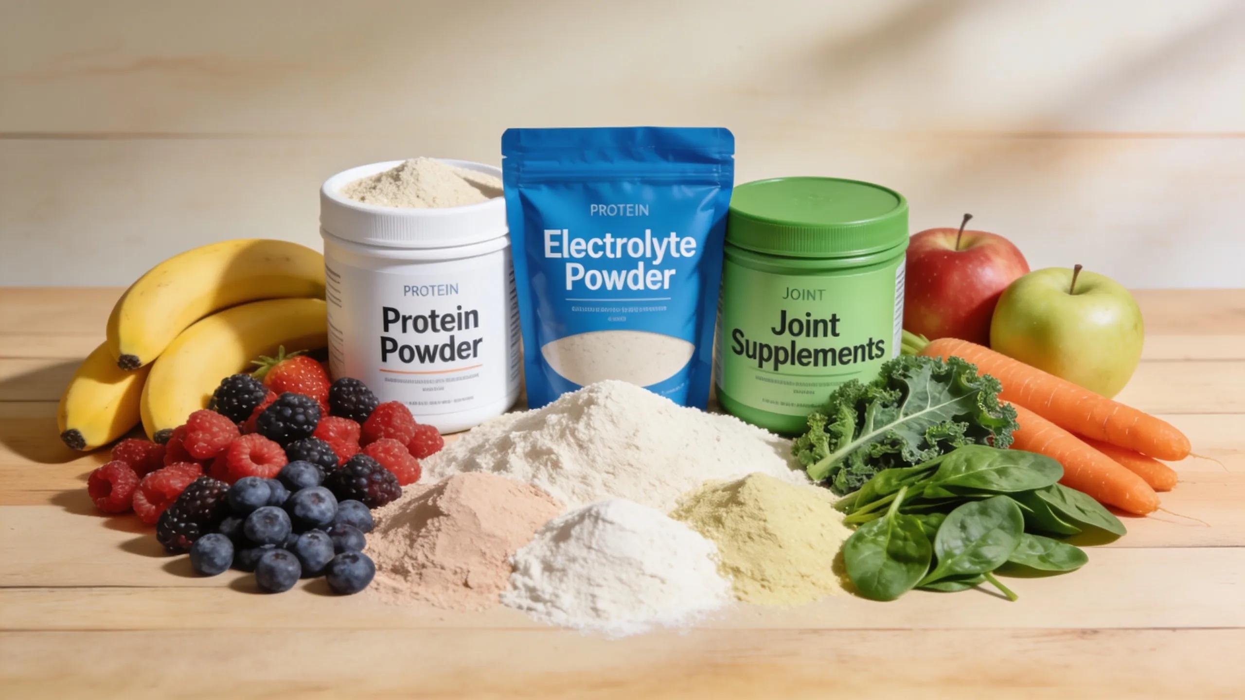 Assorted powder supplements with fresh fruits and vegetables, highlighting nutritional benefits for laborers