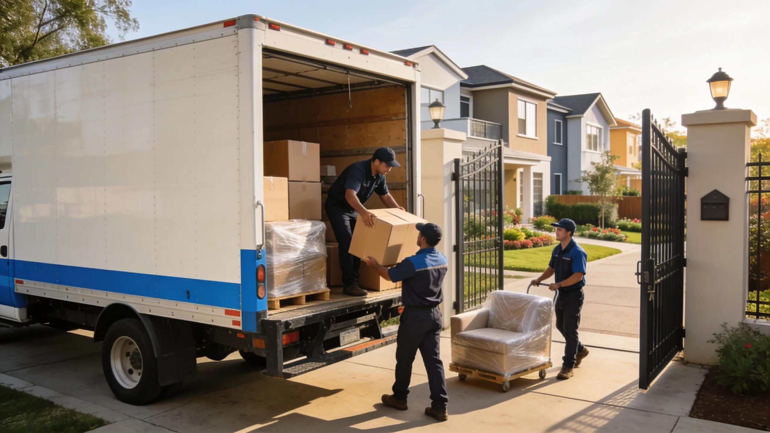 Moving truck and movers managing delivery at a gated community