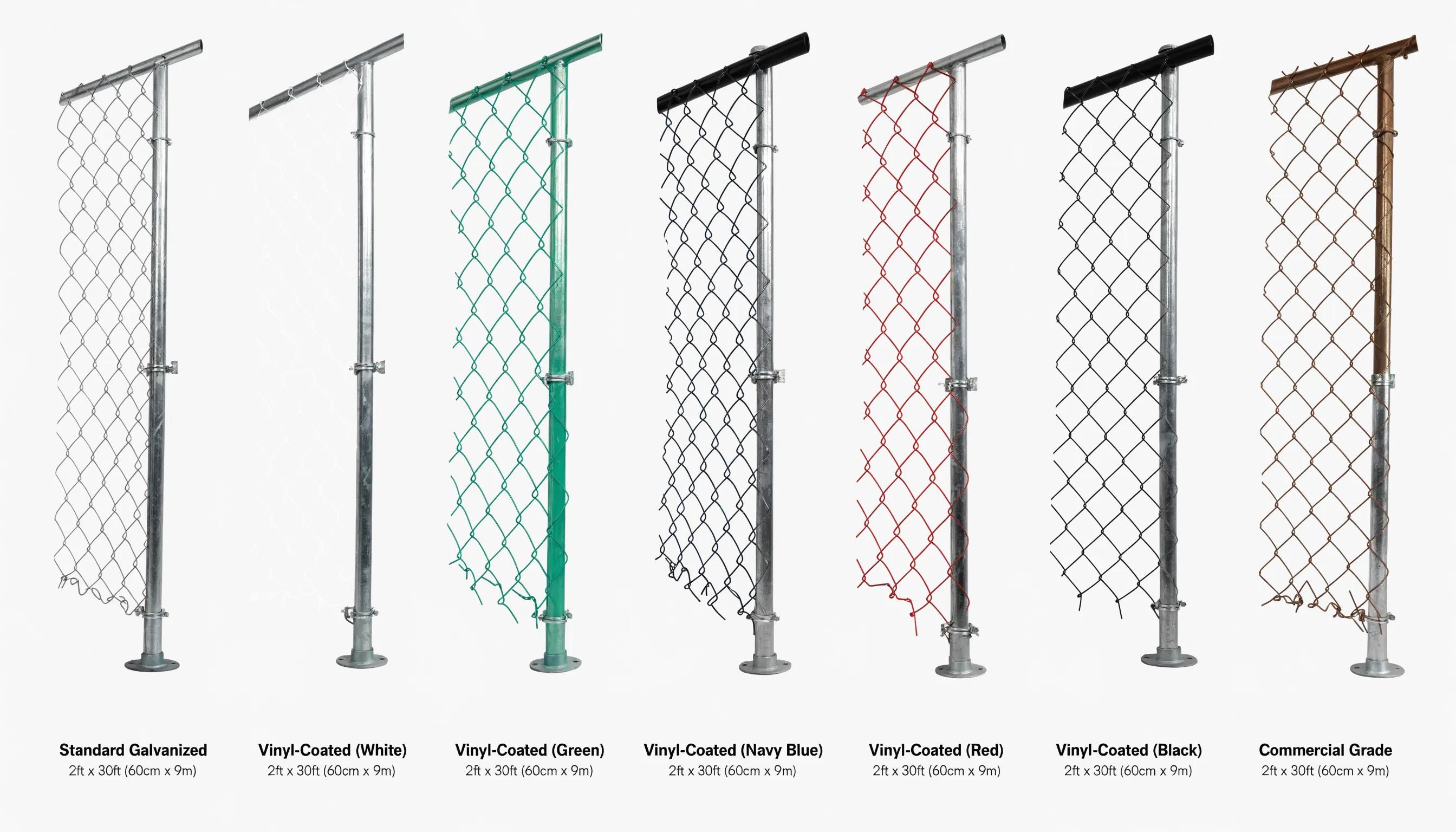 Comparison of different types of chain link fence materials including galvanized and vinyl-coated options