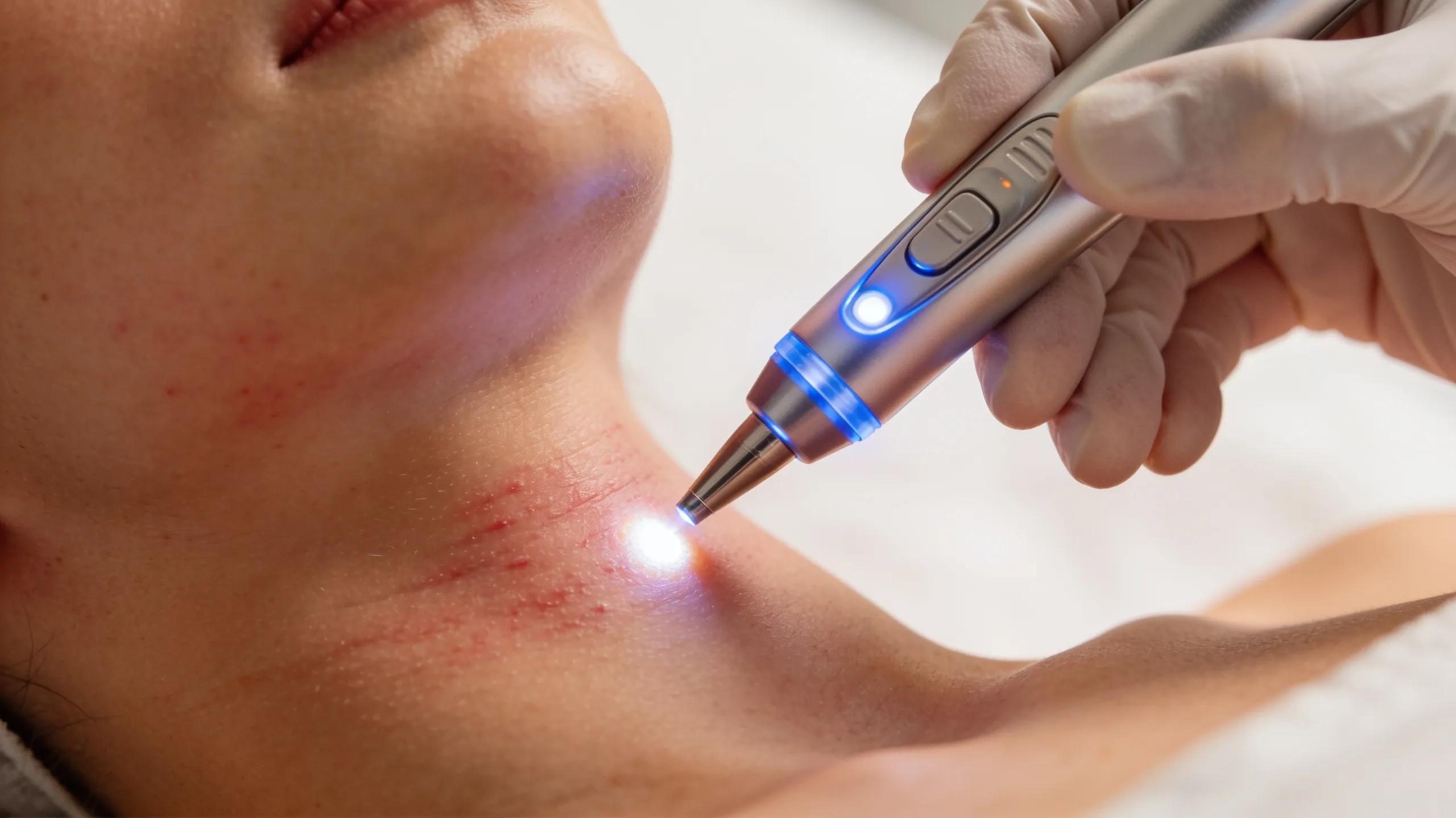 Close-up of a laser treatment procedure for acne scar removal on a patient's face