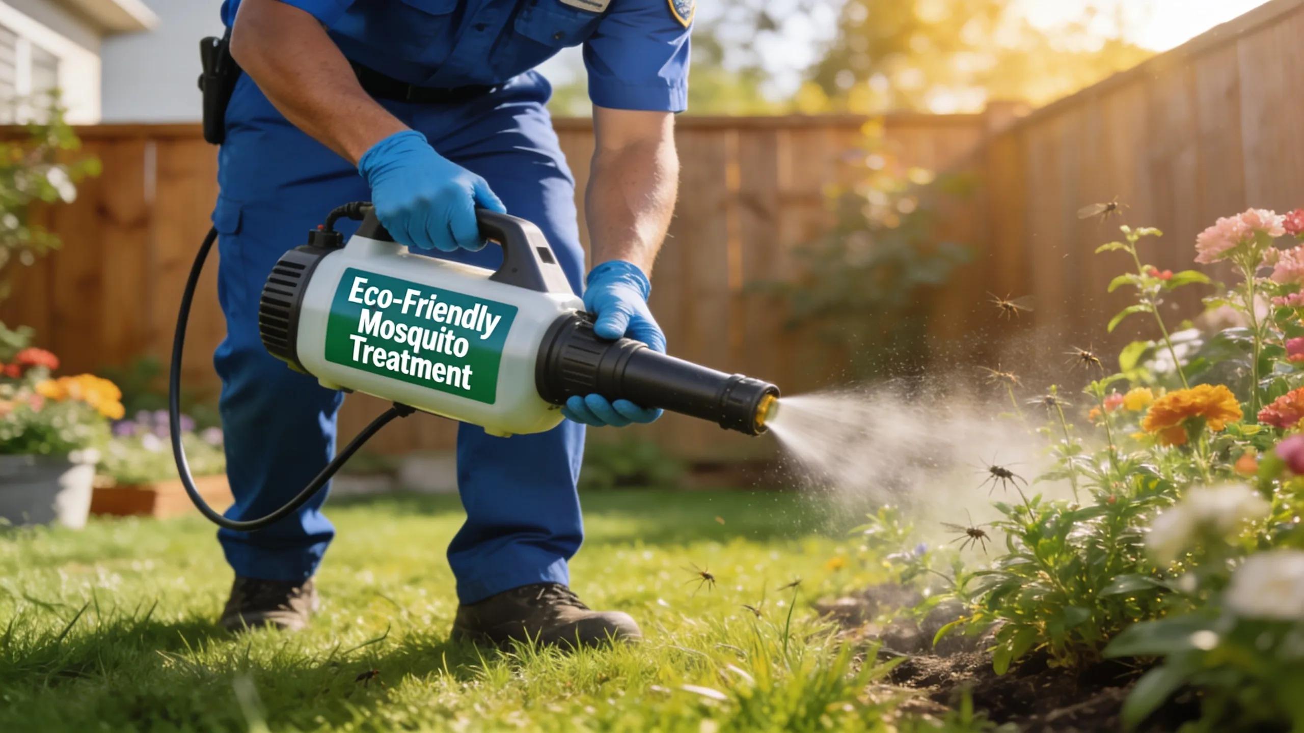 Pest control technician applying eco-friendly mosquito treatment in a yard