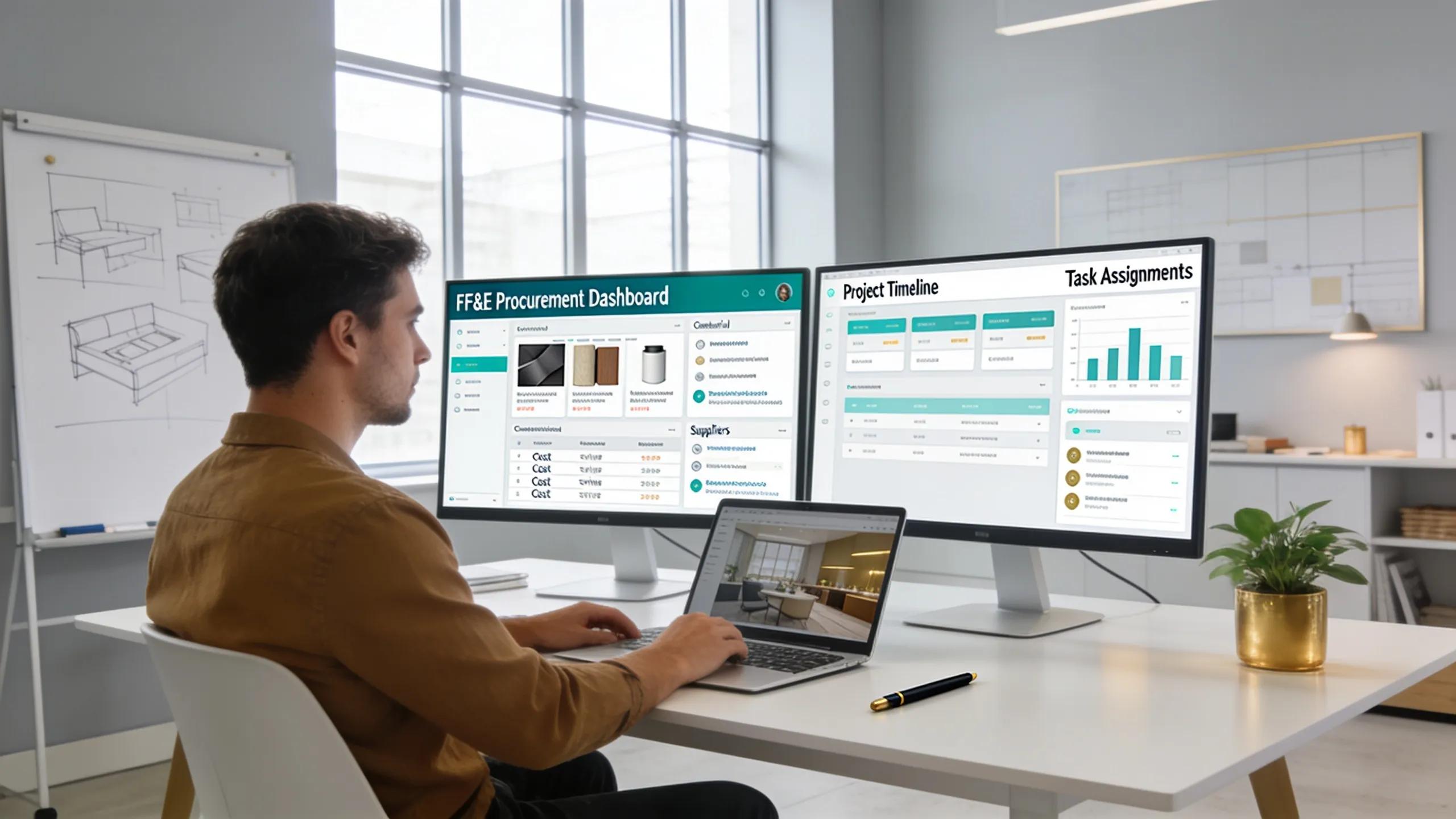 Commercial interior designer using FF&E procurement software in a modern office setting
