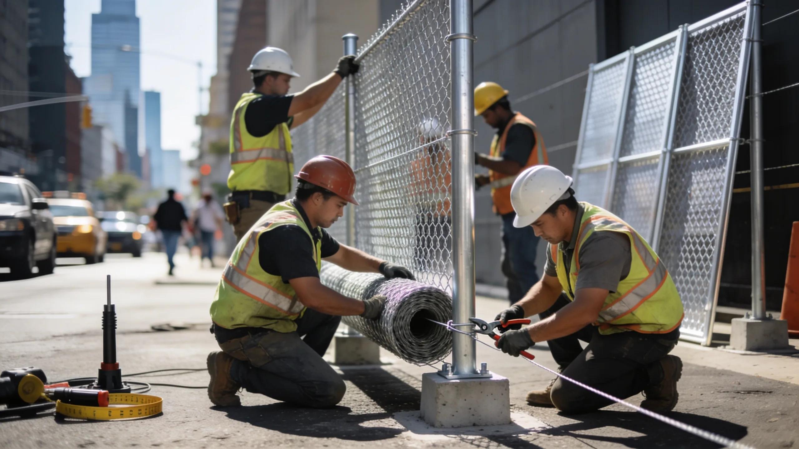 Professionals installing a chain link fence on a commercial property, showcasing teamwork and precision