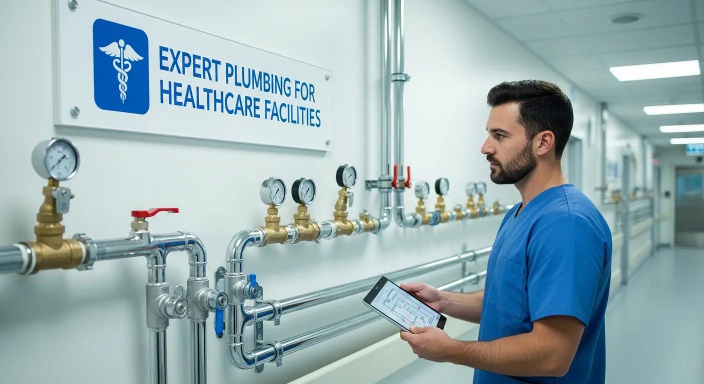 Plumbing technician servicing hospital facilities in Brisbane Expert plumber inspecting medical gas systems in healthcare facilities, holding a tablet, with plumbing infrastructure visible in a hospital corridor.