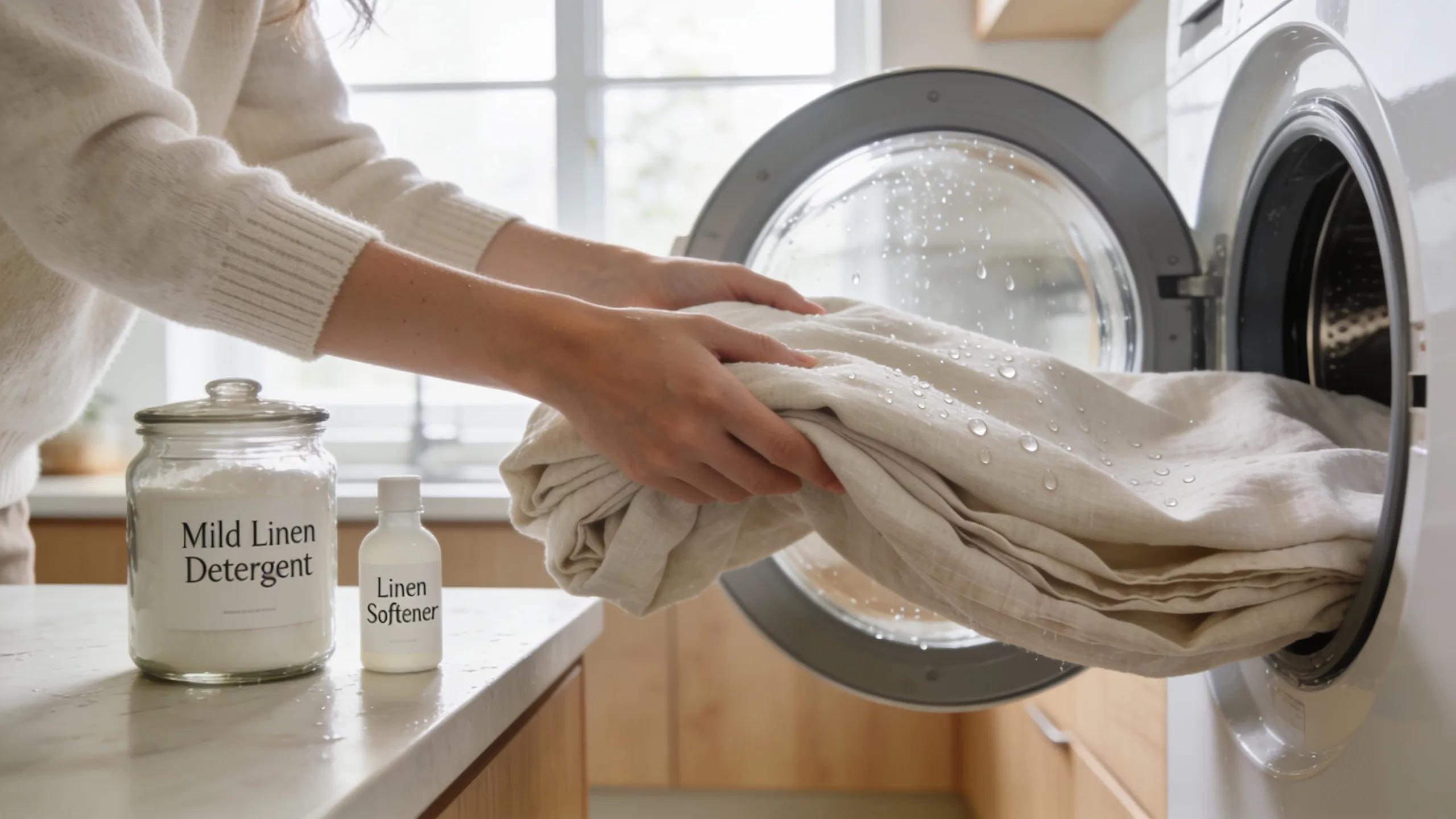 Person washing linen sheets in a bright laundry room, showcasing best washing practices