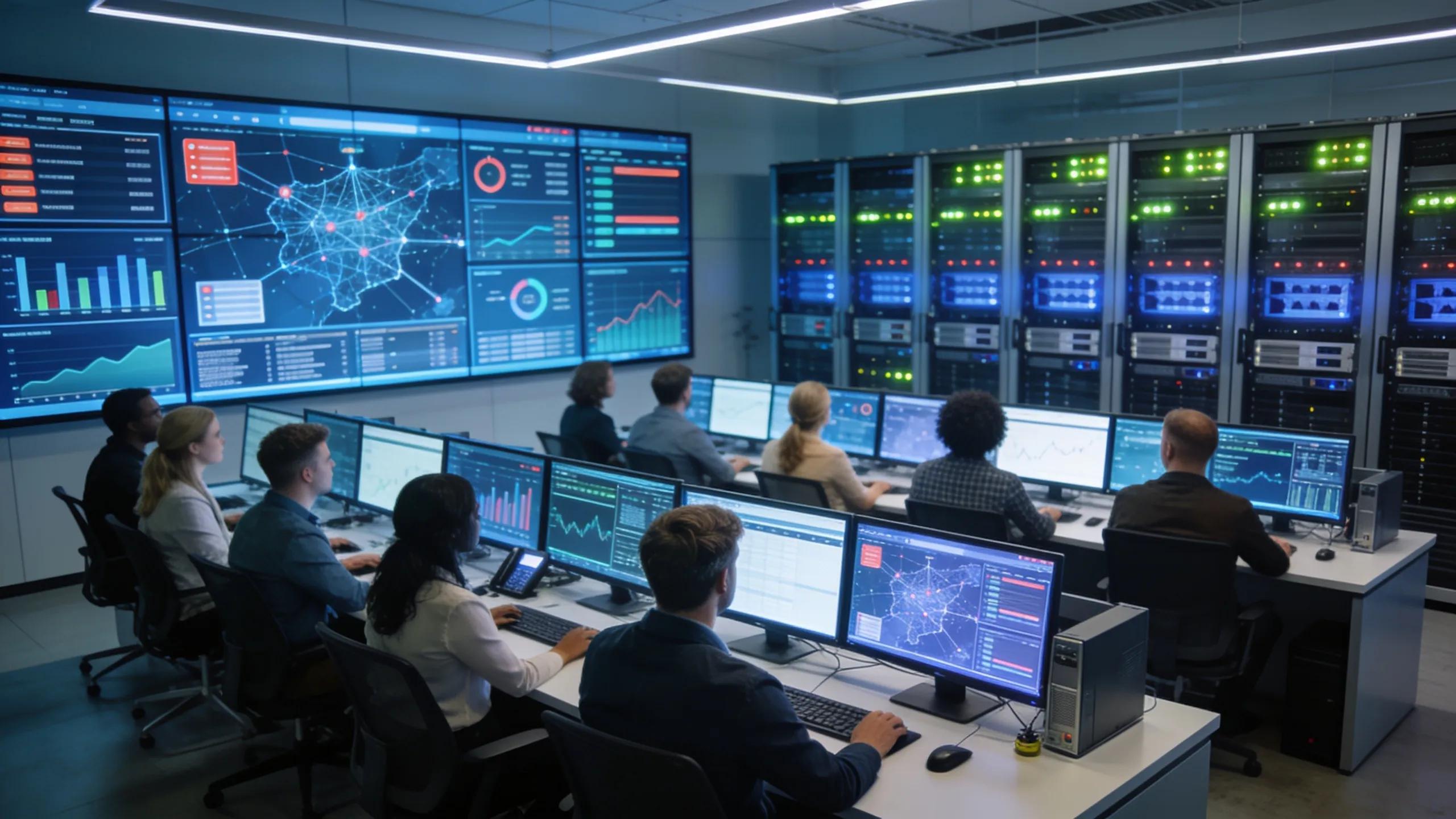Professionals monitoring network security in a modern operations center to safeguard businesses