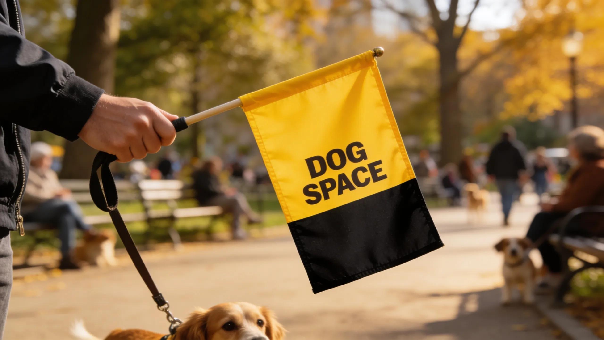 Close-up of Dog Space Flag signaling need for space in a busy park to ensure dog safety