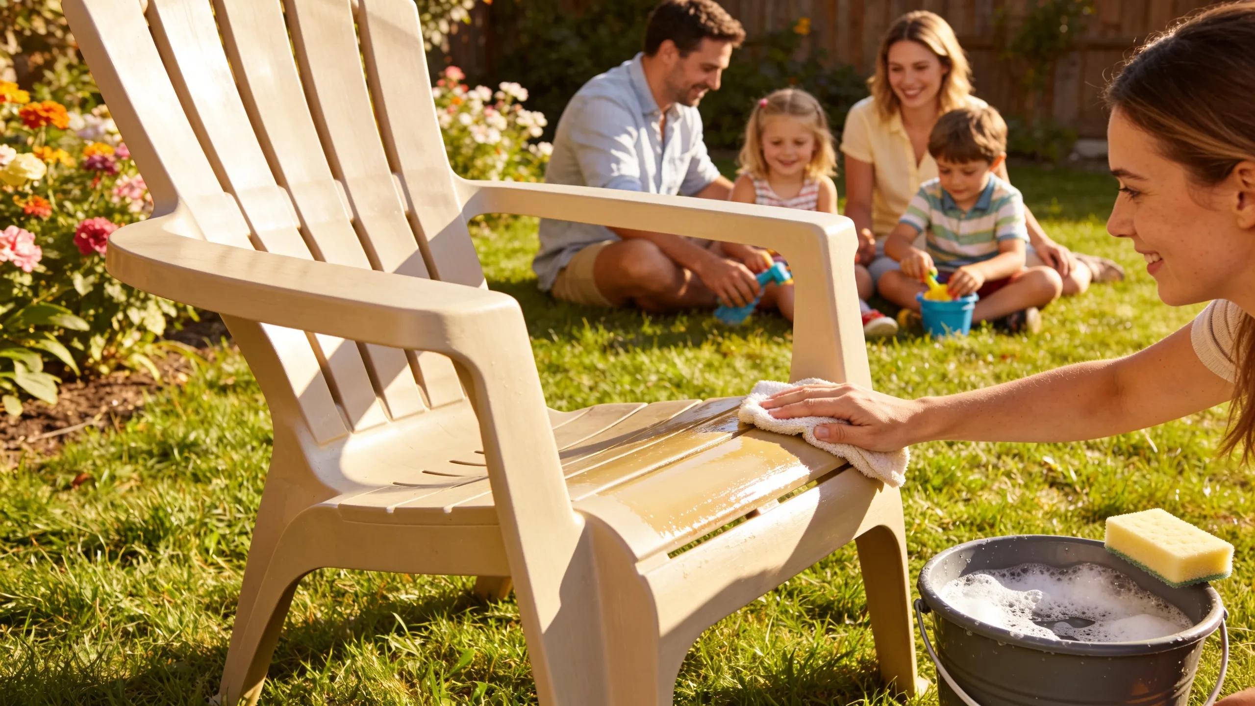 Family enjoying low-maintenance poly outdoor furniture in a bright backyard setting, emphasizing ease of care Family enjoying low-maintenance poly outdoor furniture in a bright backyard setting, emphasizing ease of care