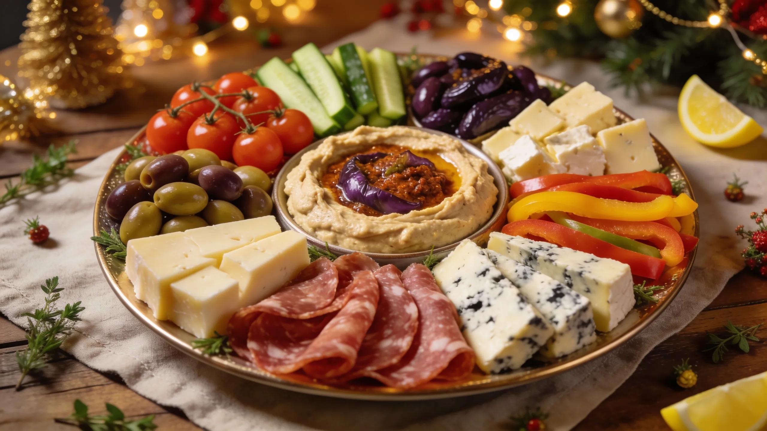 Elegant holiday platter with hummus, cheeses, and seasonal vegetables for festive celebrations