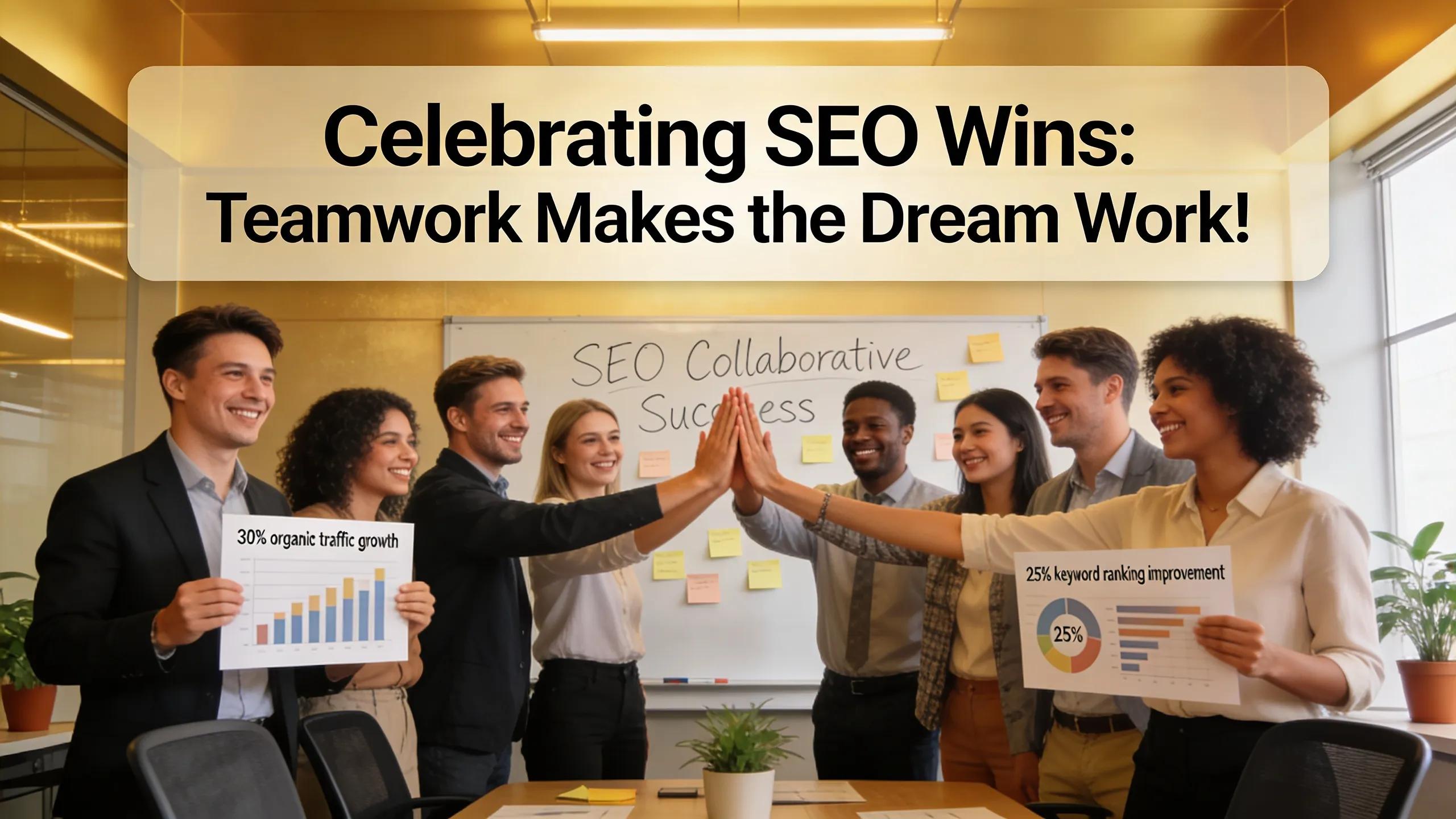 Business team celebrating proven SEO results through collaboration Business team celebrating proven SEO results through collaboration