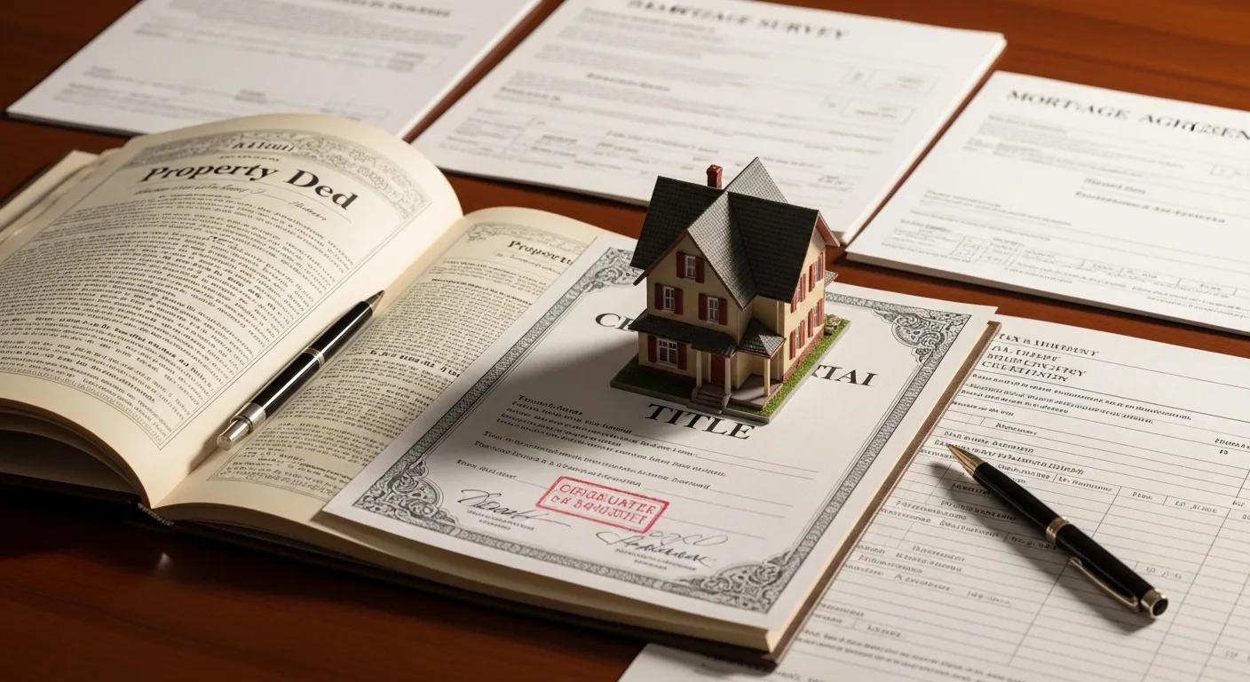 Close-up of a property deed and title paperwork with a small house model Close-up of a property deed and title paperwork with a small house model