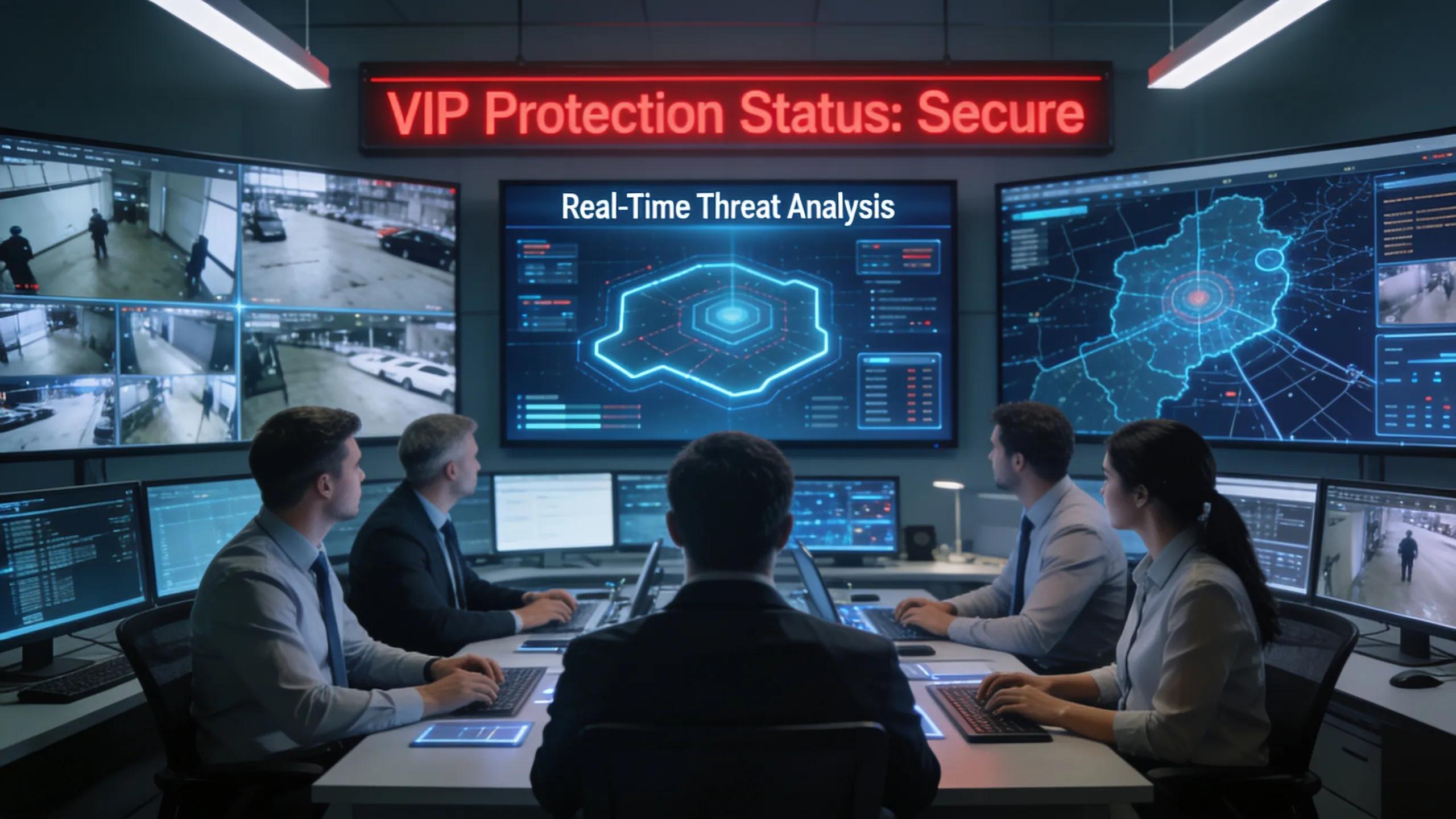 Executive protection team utilizing AI technology for real-time surveillance and security