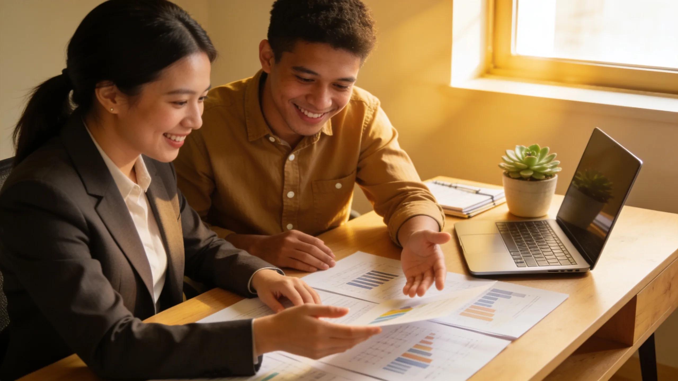 Business consultant and owner planning credit-building steps