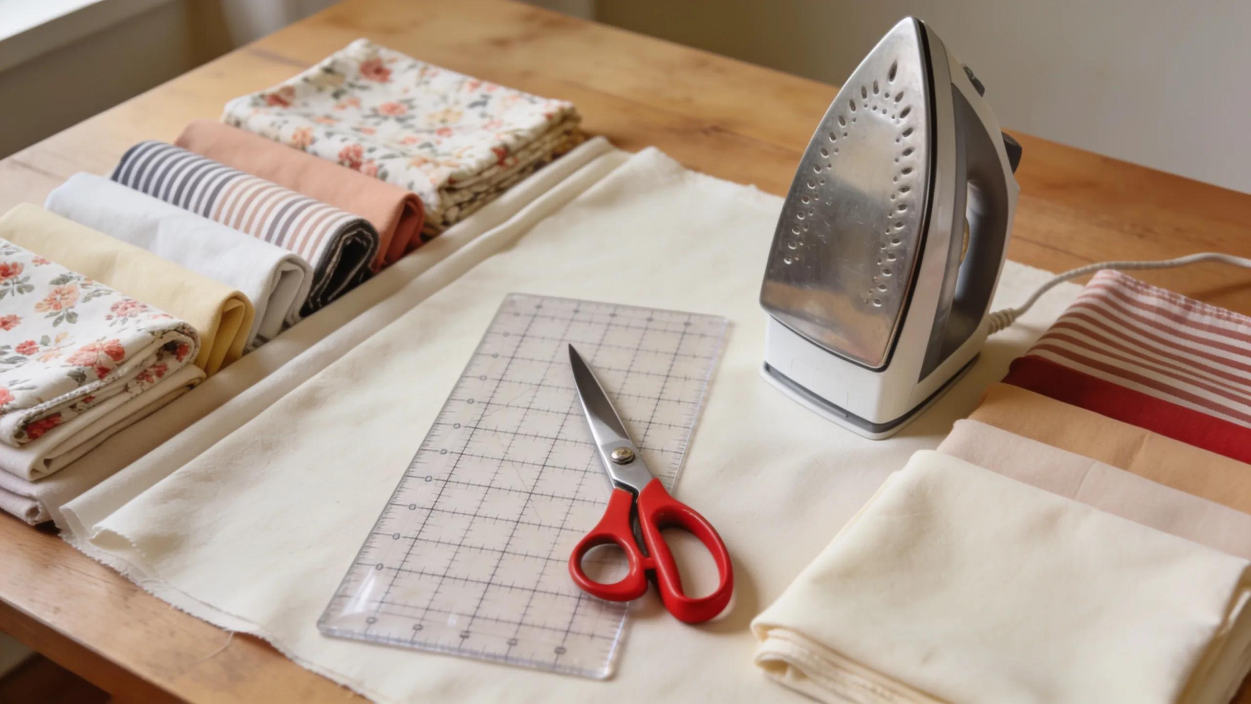 Sewing workspace with fabrics, iron, and cutting tools, illustrating preparation techniques for quilting