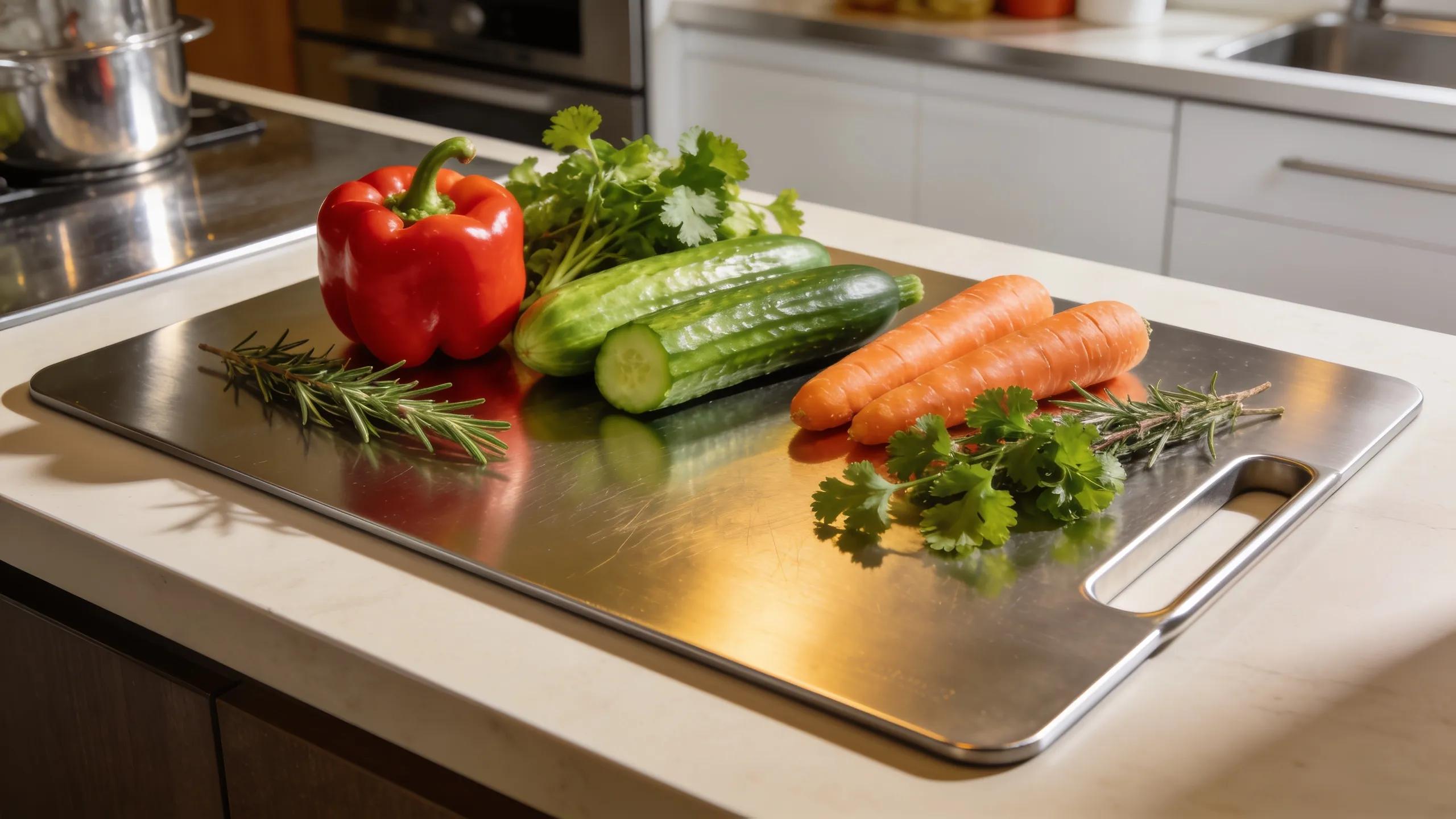 Titanium chopping board with fresh vegetables in a modern kitchen
