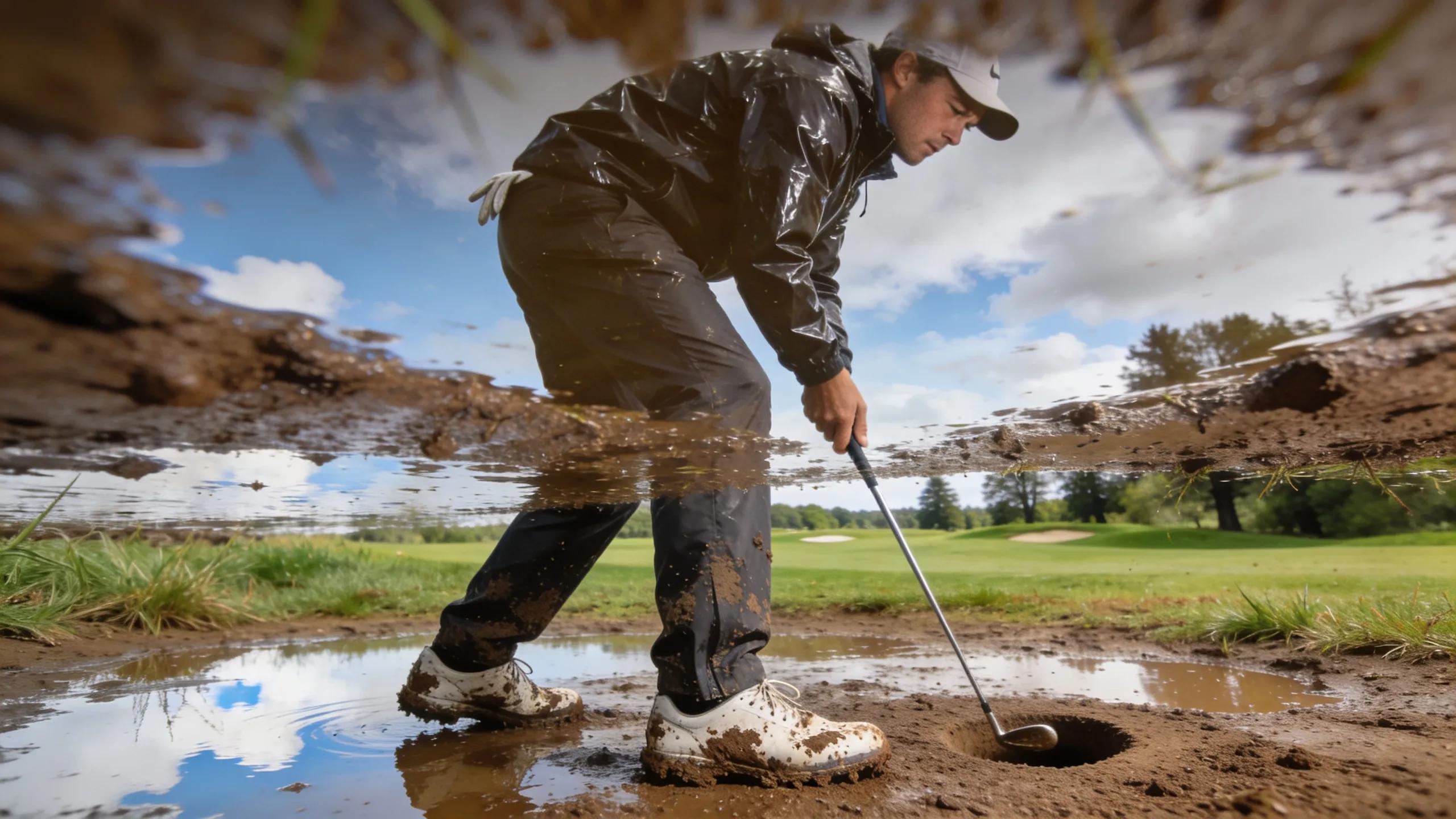 Golfer assessing muddy hole for strategic navigation on a wet course