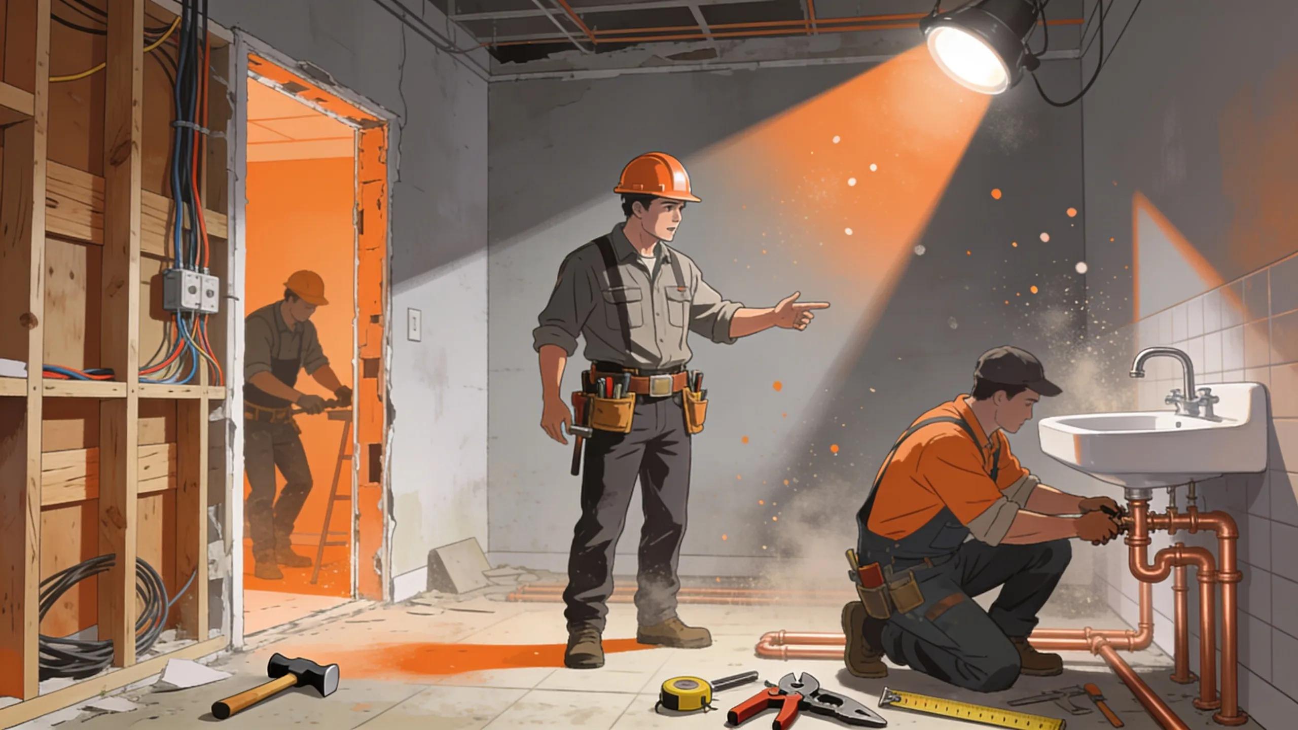 Contractor supervising a home renovation project, emphasizing the need for licensed professionals in complex repairs and compliance with building codes
