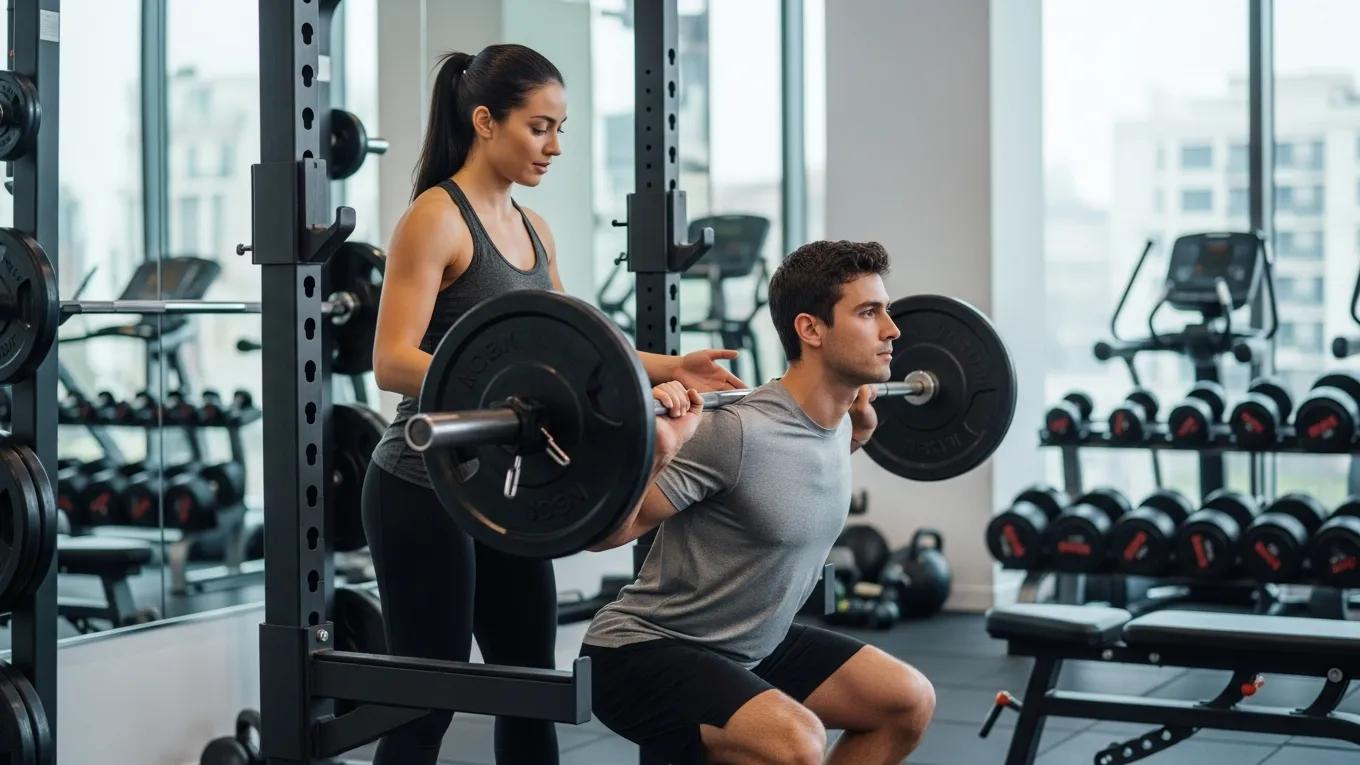 Personal trainer assisting a client with strength training in a gym