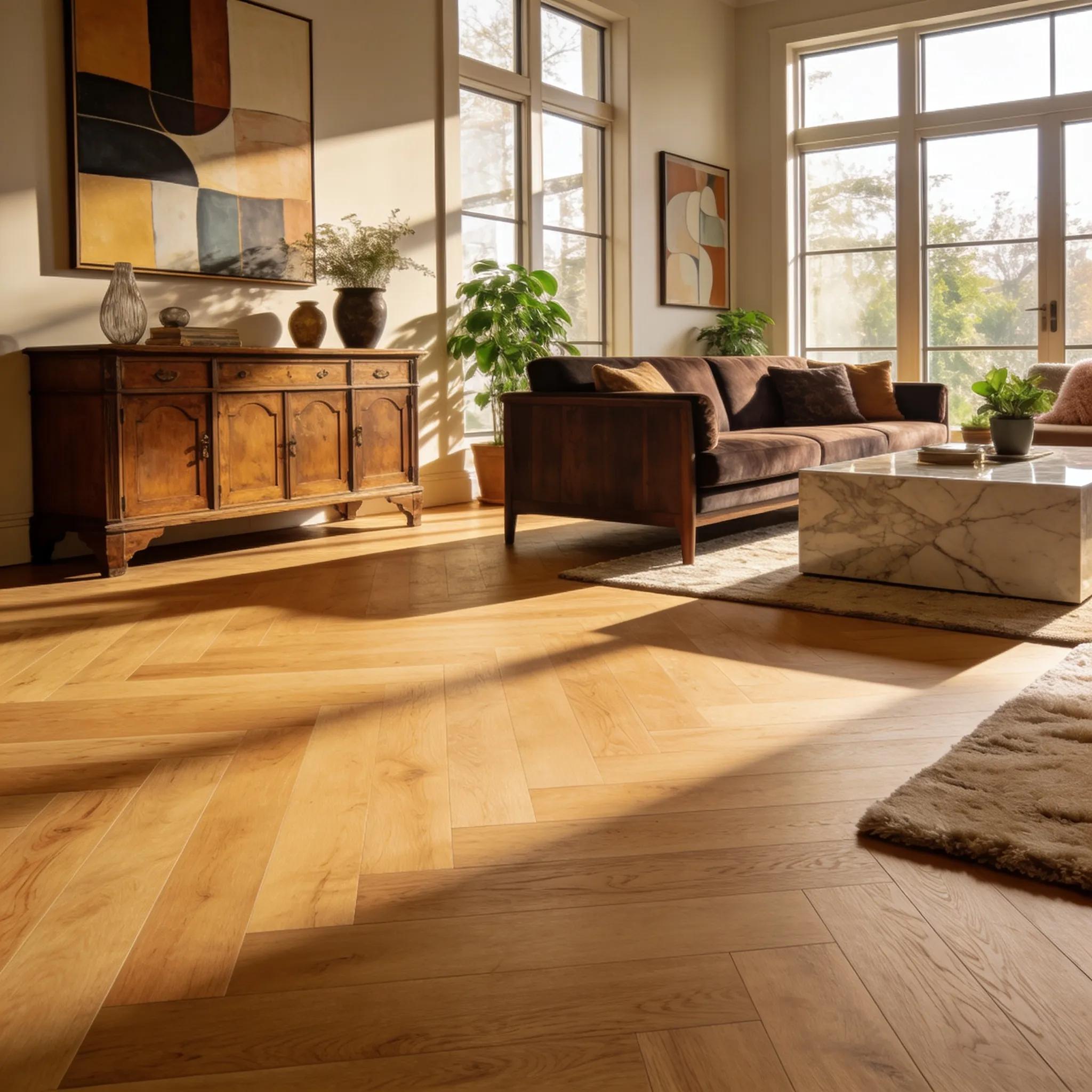Bright interior with luxury vinyl flooring that mimics wood grain
