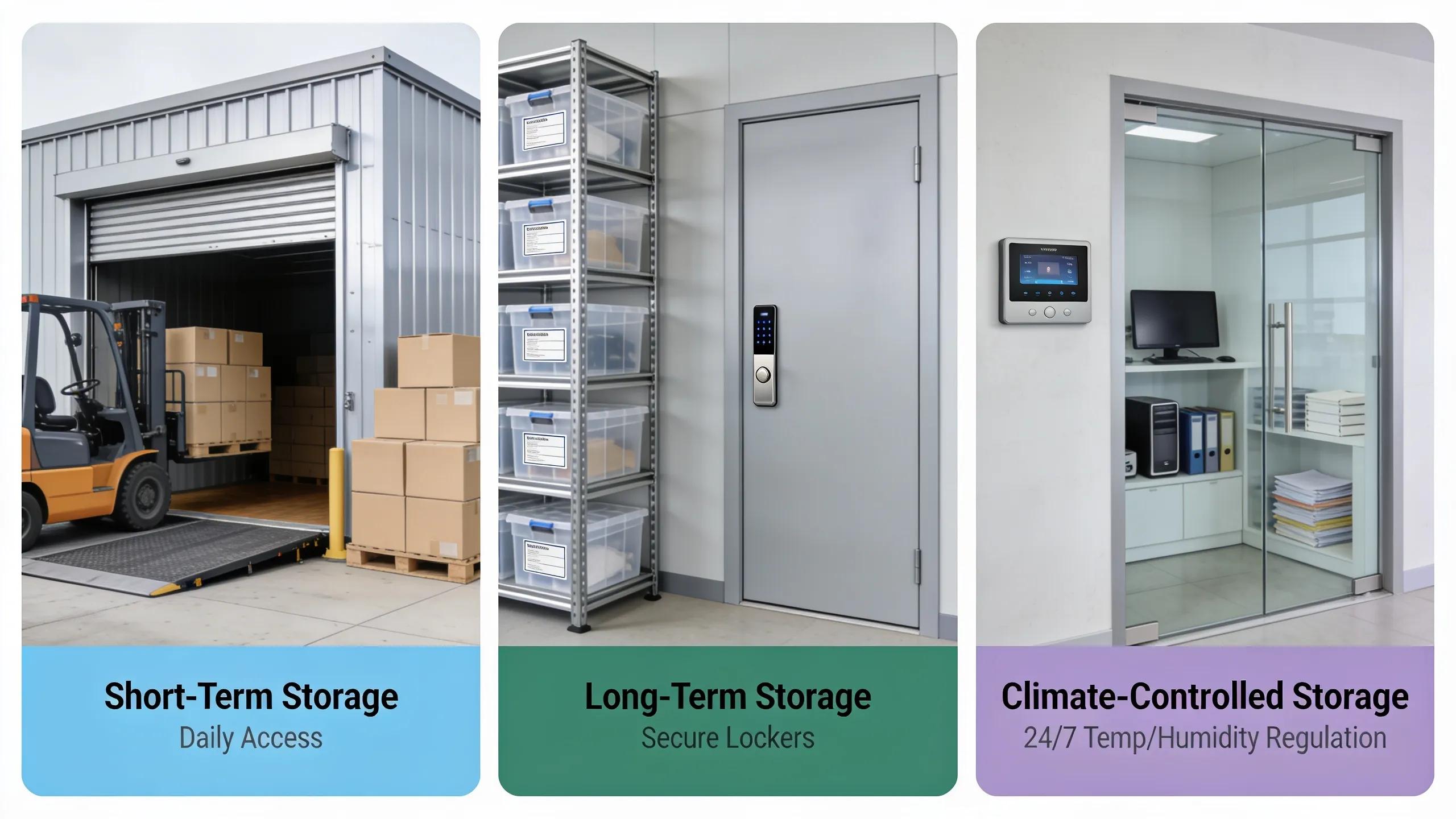 Variety of storage options available in Raleigh, representing short-term, long-term, and climate-controlled facilities for moving needs