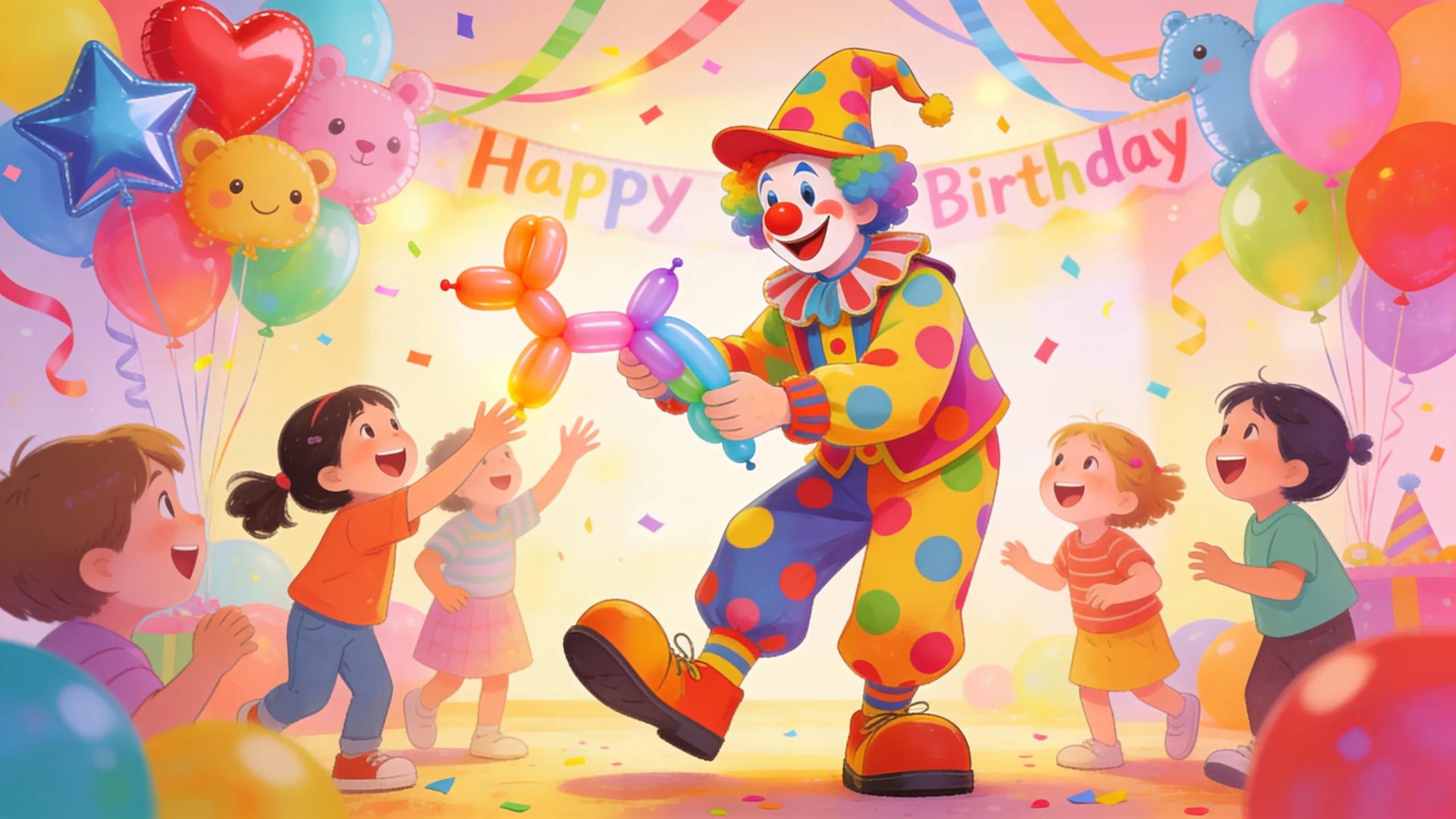 Brightly dressed clown making balloon animals for excited children at a birthday party, encapsulating the theme of fun local entertainment.