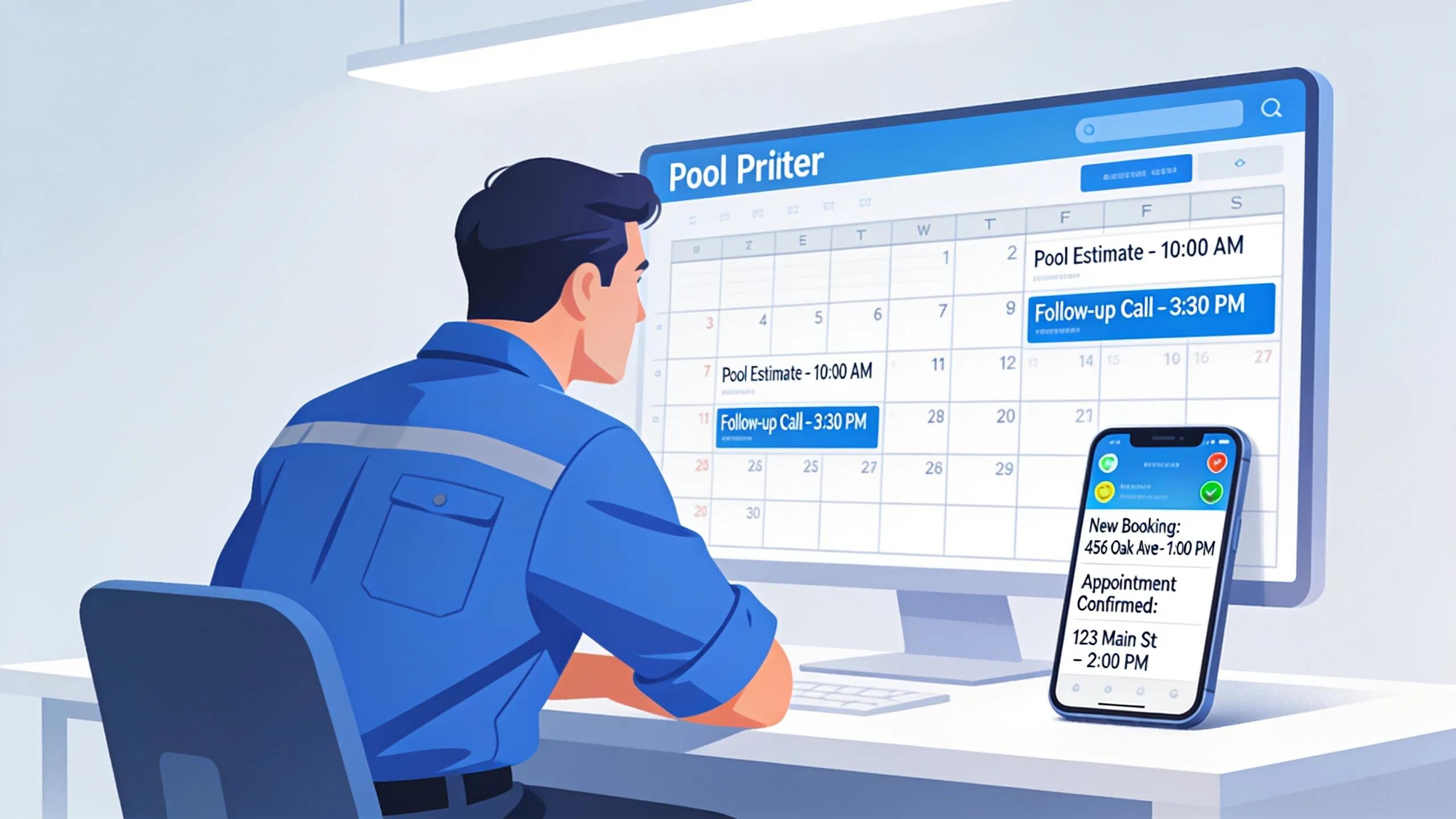Pool builder scheduling estimates and bookings via automated AI system and mobile device.