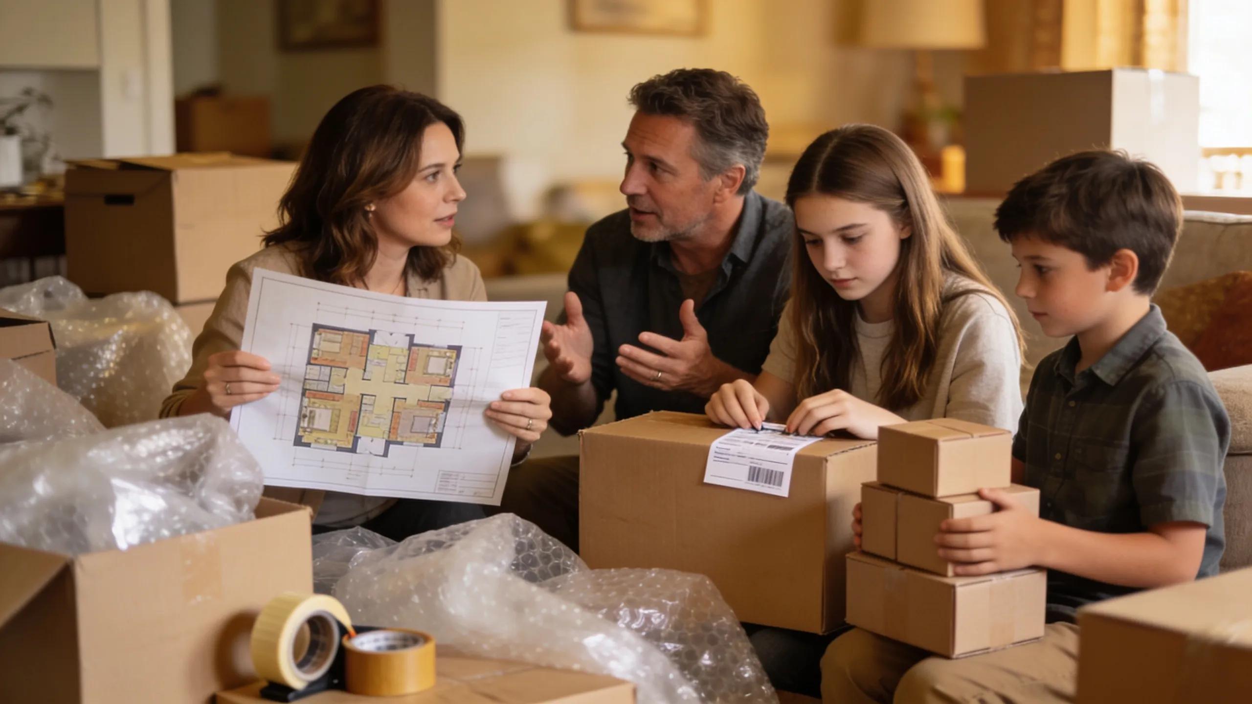 Family discussing moving plans amid boxes and packing materials