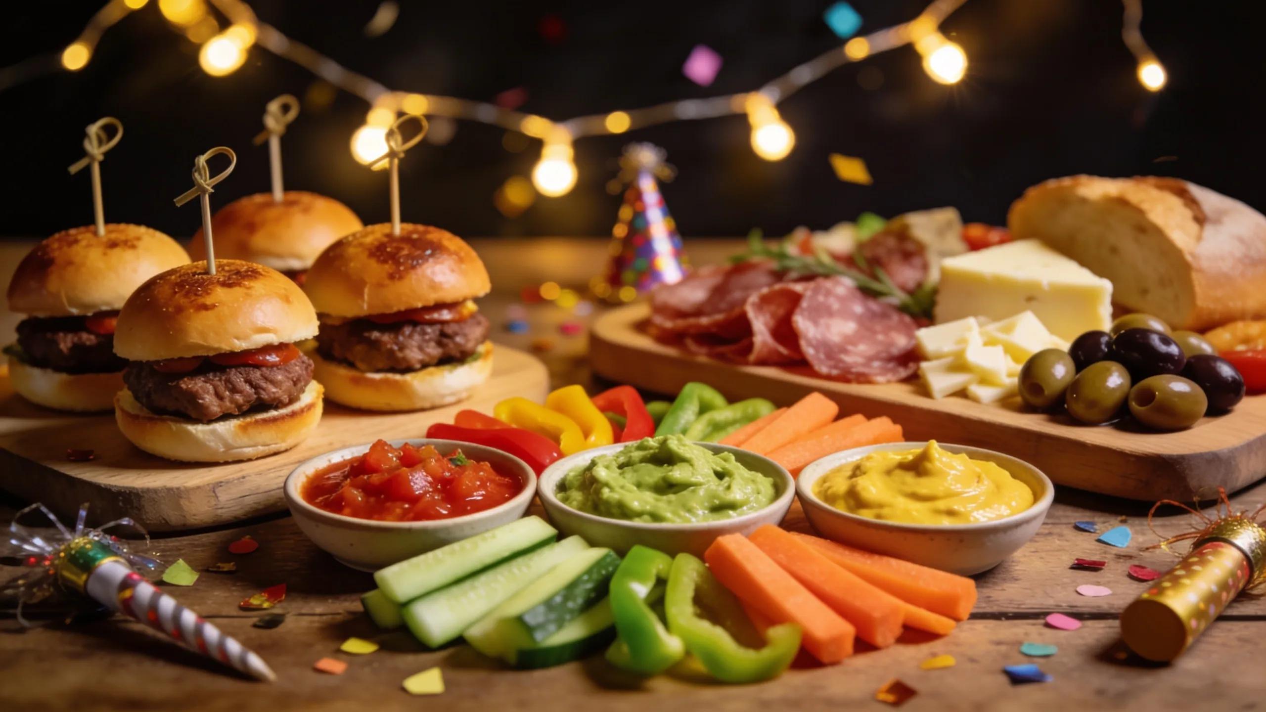 An appealing arrangement of midnight finger foods including sliders and charcuterie, perfect for New Year’s celebration