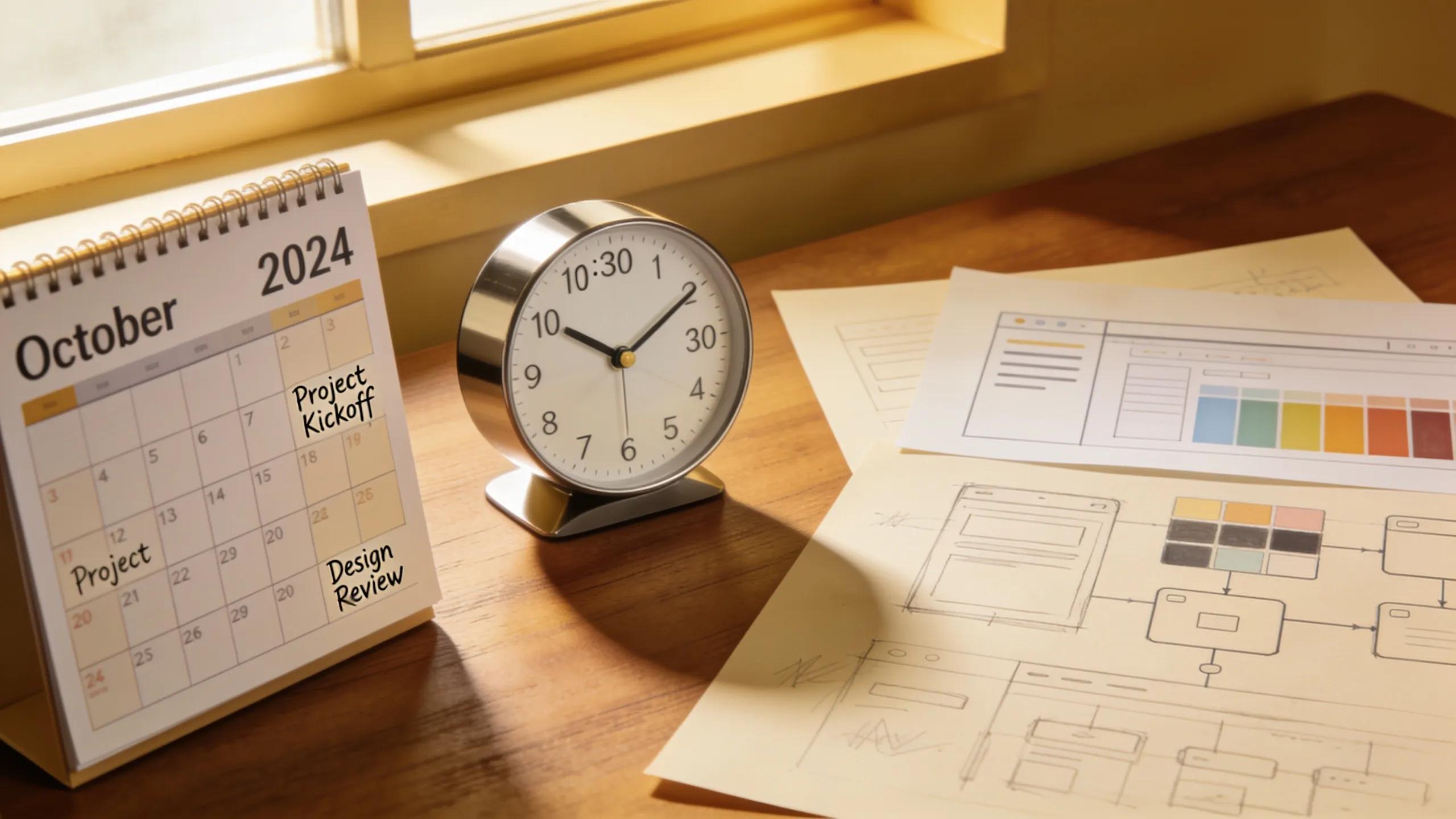 Desk with calendar, clock, and web design sketches, illustrating the significance of timelines in web design projects.