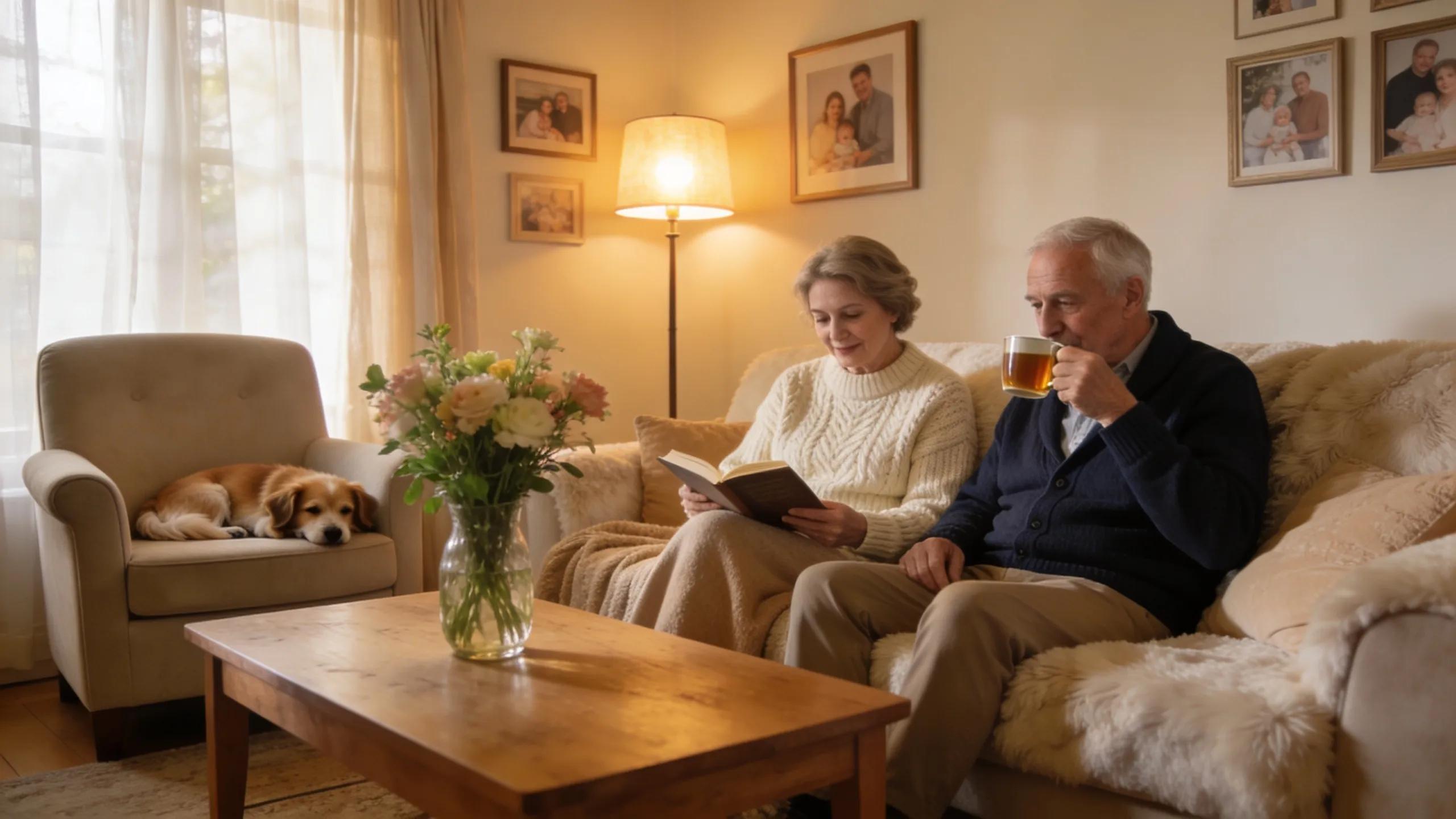 Retired couple enjoying financial freedom in a cozy living room