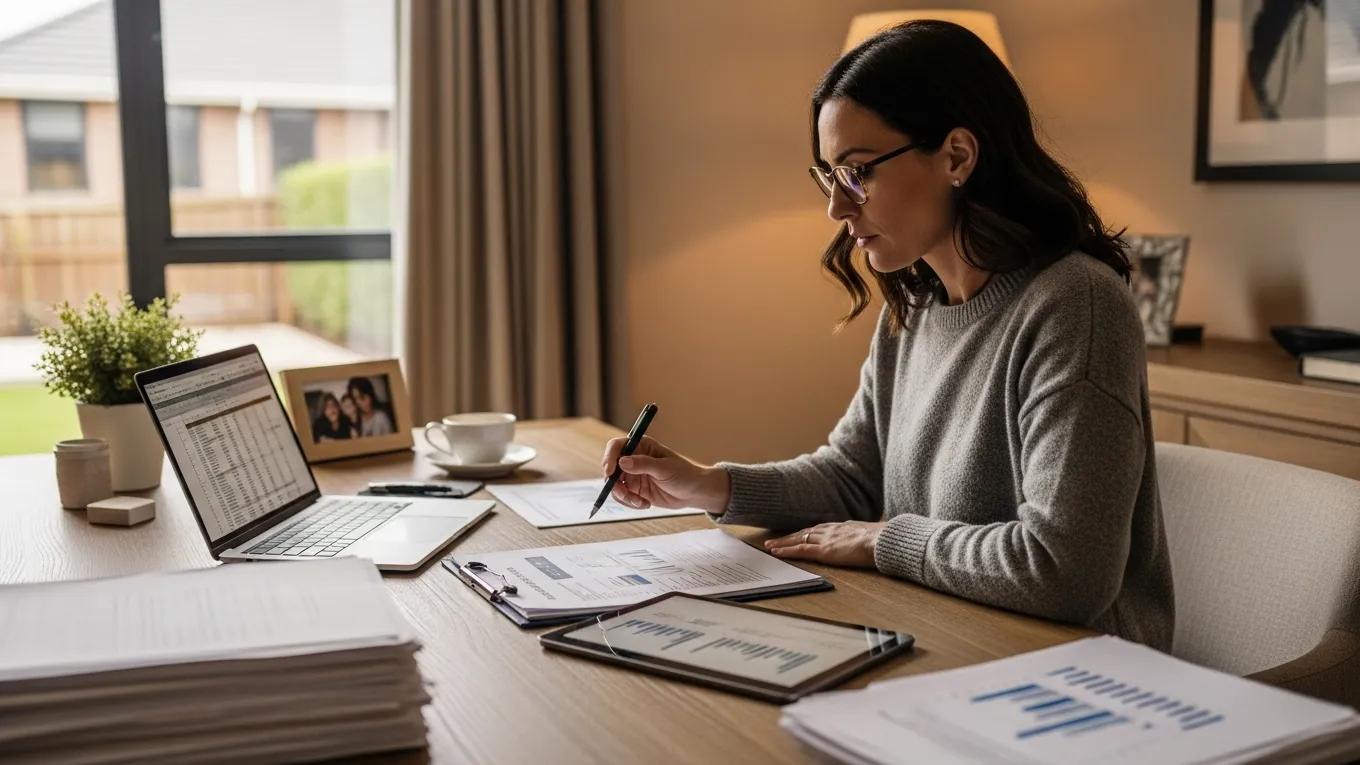 Investor conducting a portfolio review at home, focusing on non-performing notes Investor conducting a portfolio review at home, focusing on non-performing notes
