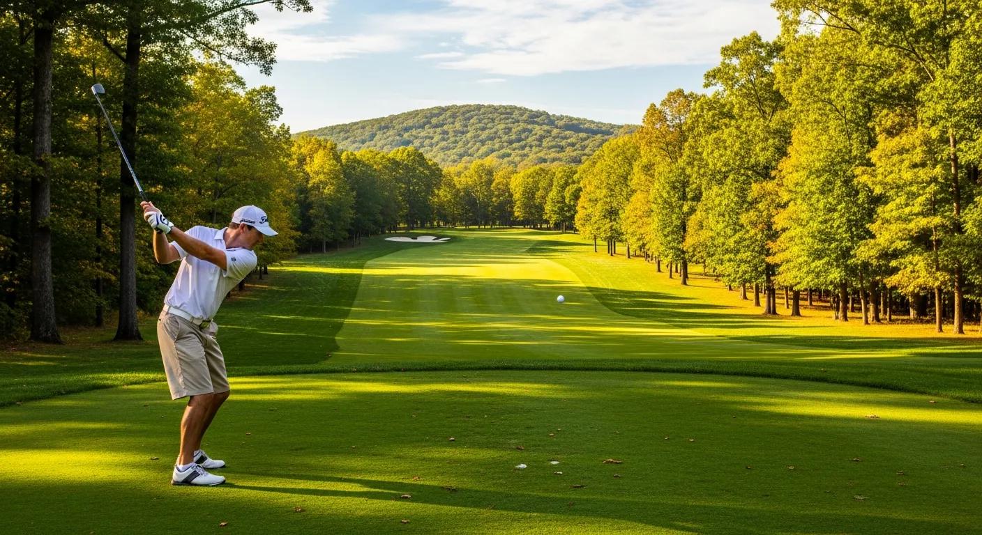 Tree-lined fairways and a golfer mid-swing at Otsego Club