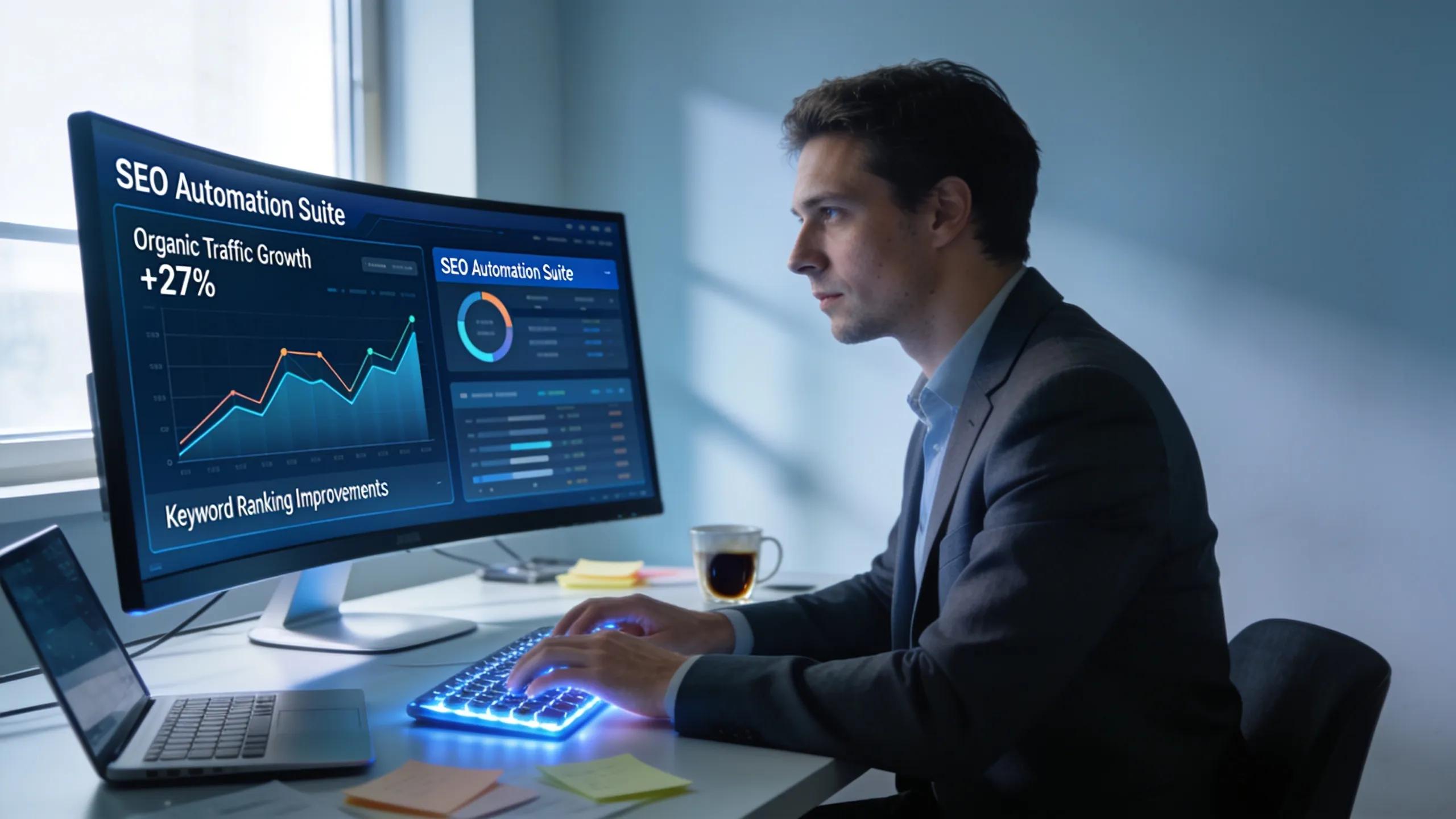 Marketer analyzing data and utilizing SEO automation software in a productive office setting