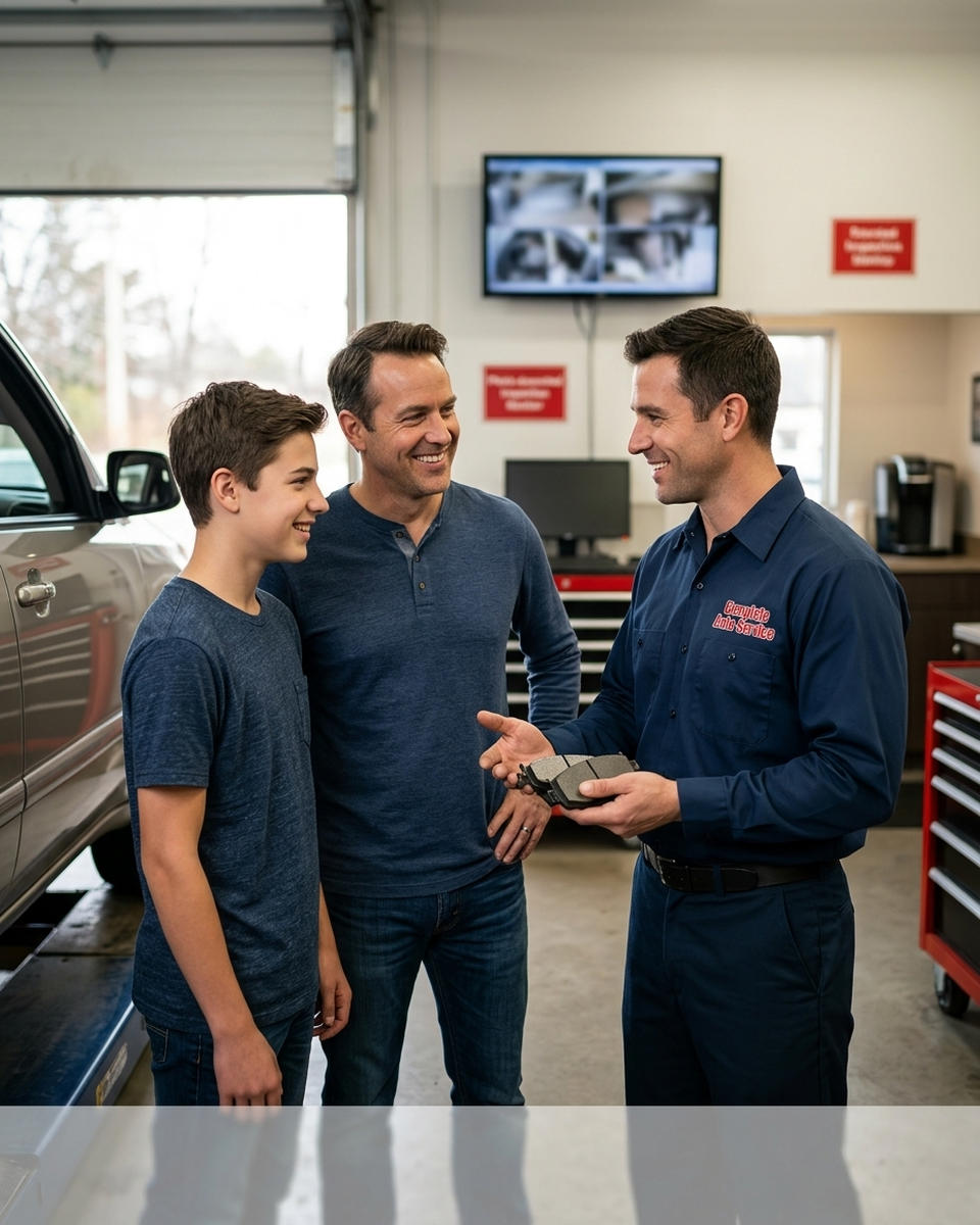 A mechanic discusses car repairs with a father and son in an auto shop